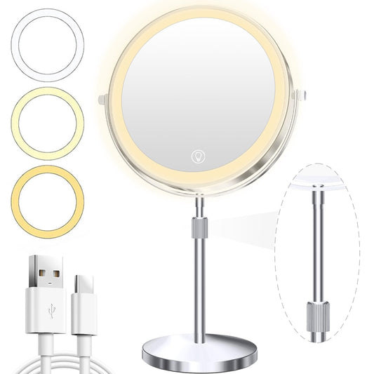 9inch Makeup Mirror with Lights, 1x/20x 5000mAh Rechargeable Magnifying Mirror with Light, 360° Rotate Bathroom Mirror with Lights, 3 Color, 80 LEDs, Stepless Dimmable