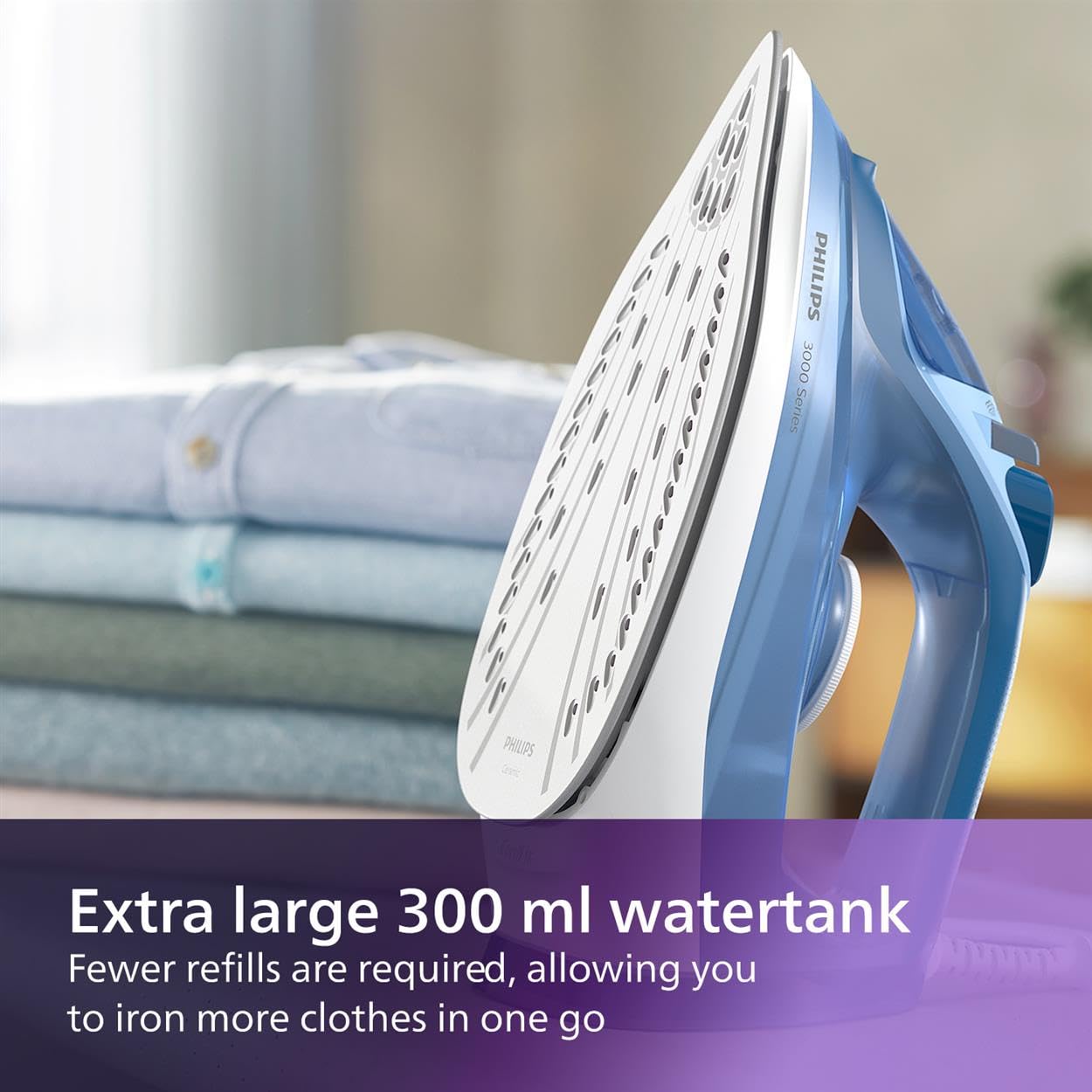 Philips Perfect Care 3000 Series Steam Iron - 1250 W power, 40 g/min continuous steam, 200 g steam boost, 300 ml water tank, blue (DST3031/20)