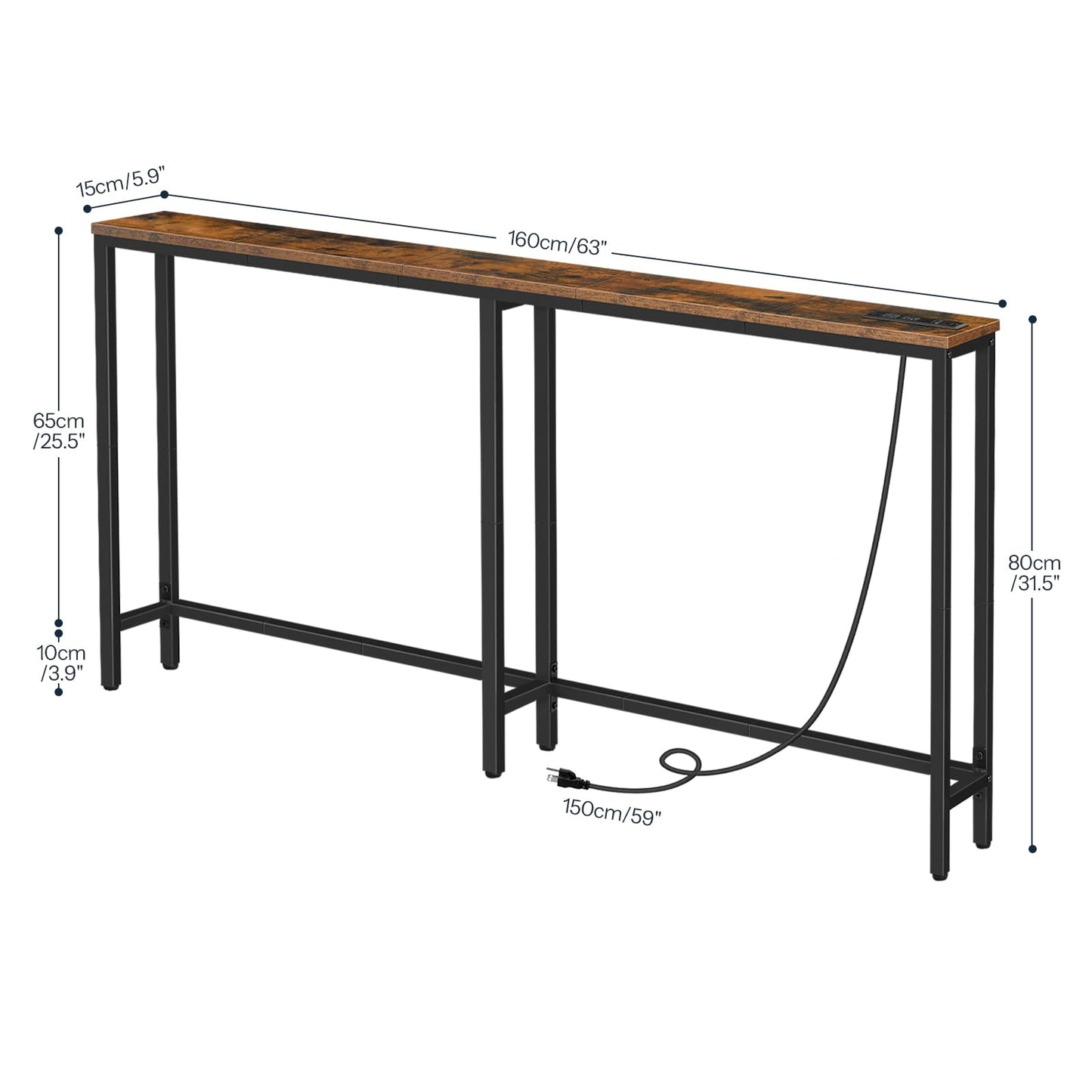 HOOBRO 160 cm Skinny Console Table with Charging Station, Narrow Entryway Table with Power Outlets, Slim Sofa Table, Behind Couch Table for Hallway, Living Room, Foyer, Rustic Brown BF165UXG01G1