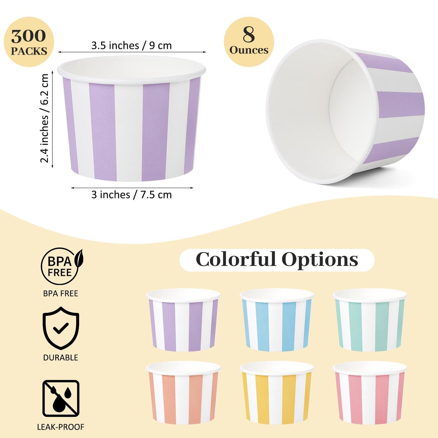 Aodaer 300 Pack Paper Ice Cream Cups 8 Ounces Disposable Dessert Bowls Ice Cream Containers Soup Snack Dessert Yogurt Sundae Bowls for Cold & Hot Foods, Birthday Party Bar Supplies, 6 Colors