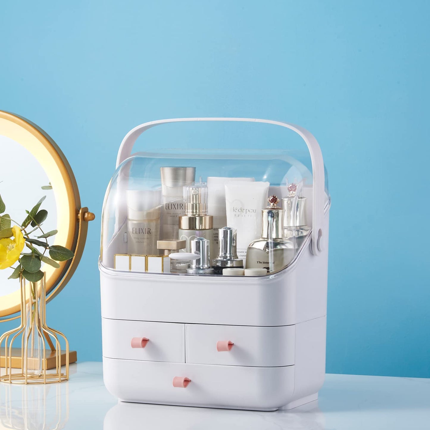 SUNFICON Makeup Organizer Cosmetic Storage Box Holder with Dust Free Cover Portable Handle,Fully Open Waterproof Lid, Dust Proof Drawers,Great for Bathroom Countertop Bedroom Dresser