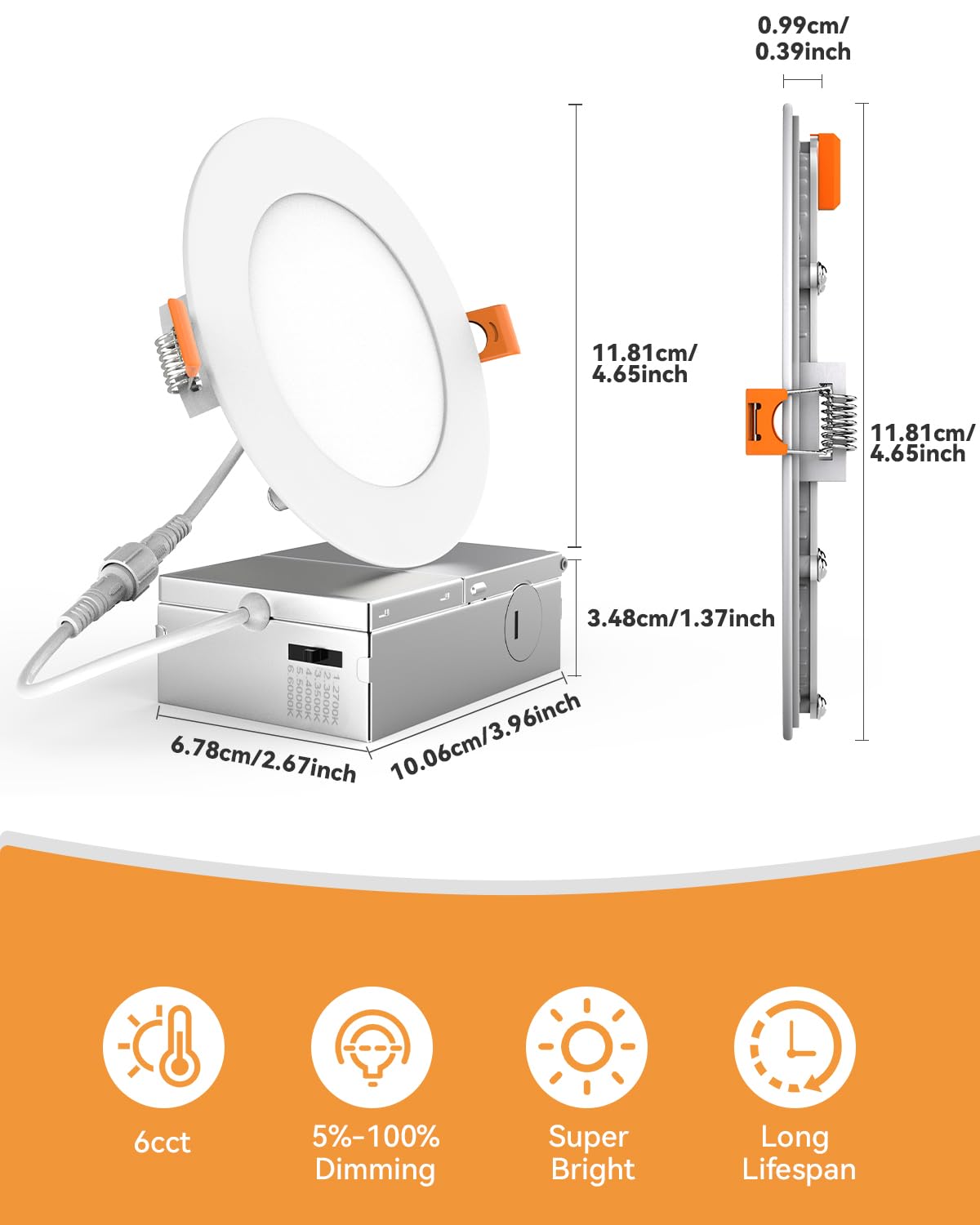 12 Pack 4 Inch 6CCT LED Recessed Pot Lights with Junction Box, Dimmable IC-Rated Ultra-Thin Ceiling Light, 2700K 3000K 3500K 4000K 5000K 6000K Color Changeable 9W 75W Eqv, 750LM