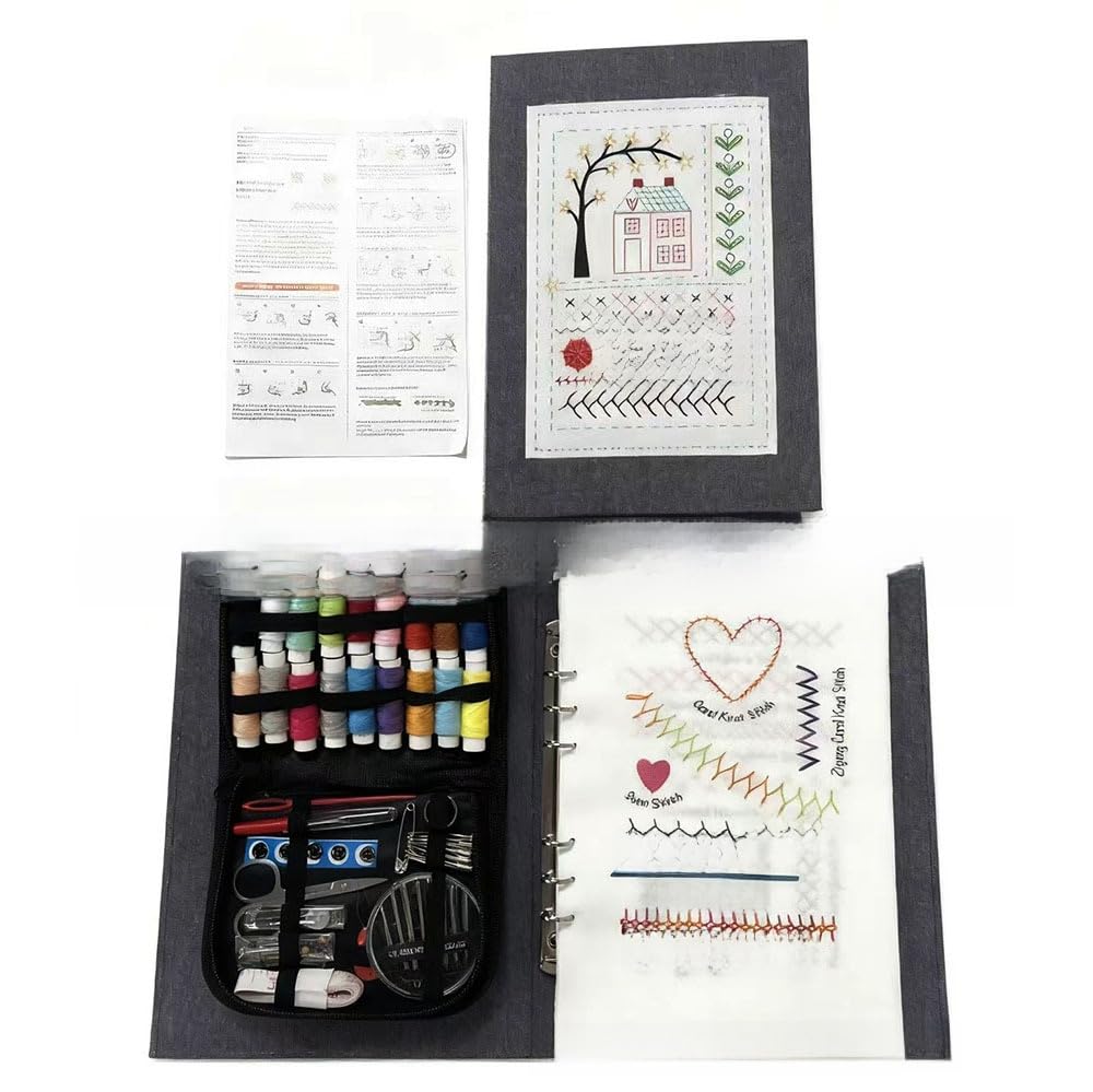 Complete Embroidery Kit for Beginners with 10.8x8.1 Inch Embroidery Stitch Book, 24 Colors Thread, Tools & 2 Guides – Reusable Stitch Practice Book for Learning Embroidery