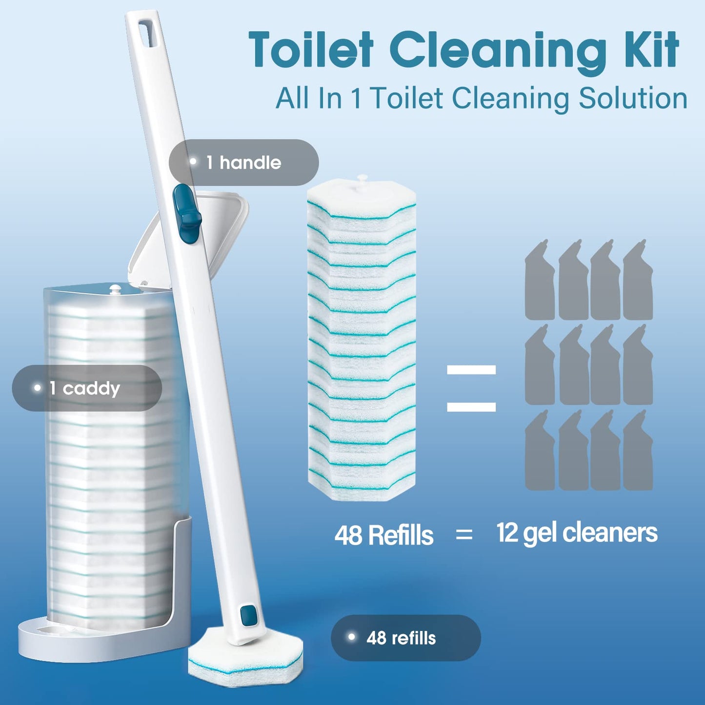 Disposable Toilet Brush with 48 PCS Toilet Refills, Disposable Toilet Cleaning System- Toilet Brushs, Storage Caddy and 48 Toilet Bowl Brush Refill Heads for Bathroom Cleaning