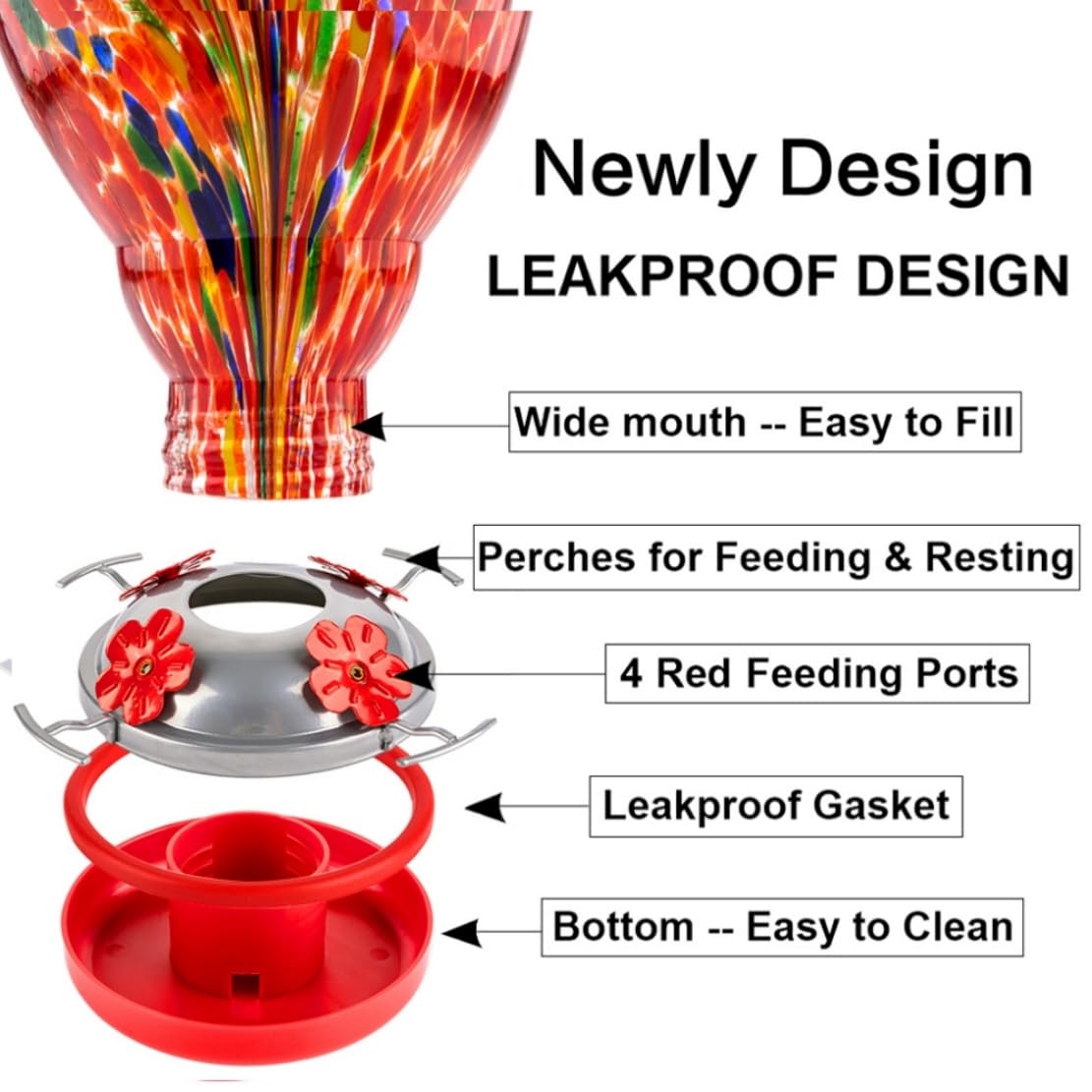 REZIPO Hummingbird Feeder Hand Blown Glass Bird Feeder for Outdoors Patio Large 32 Ounces Hummingbird Nectar Capacity with Hanging Hooks, Rope, Brush and Service Card