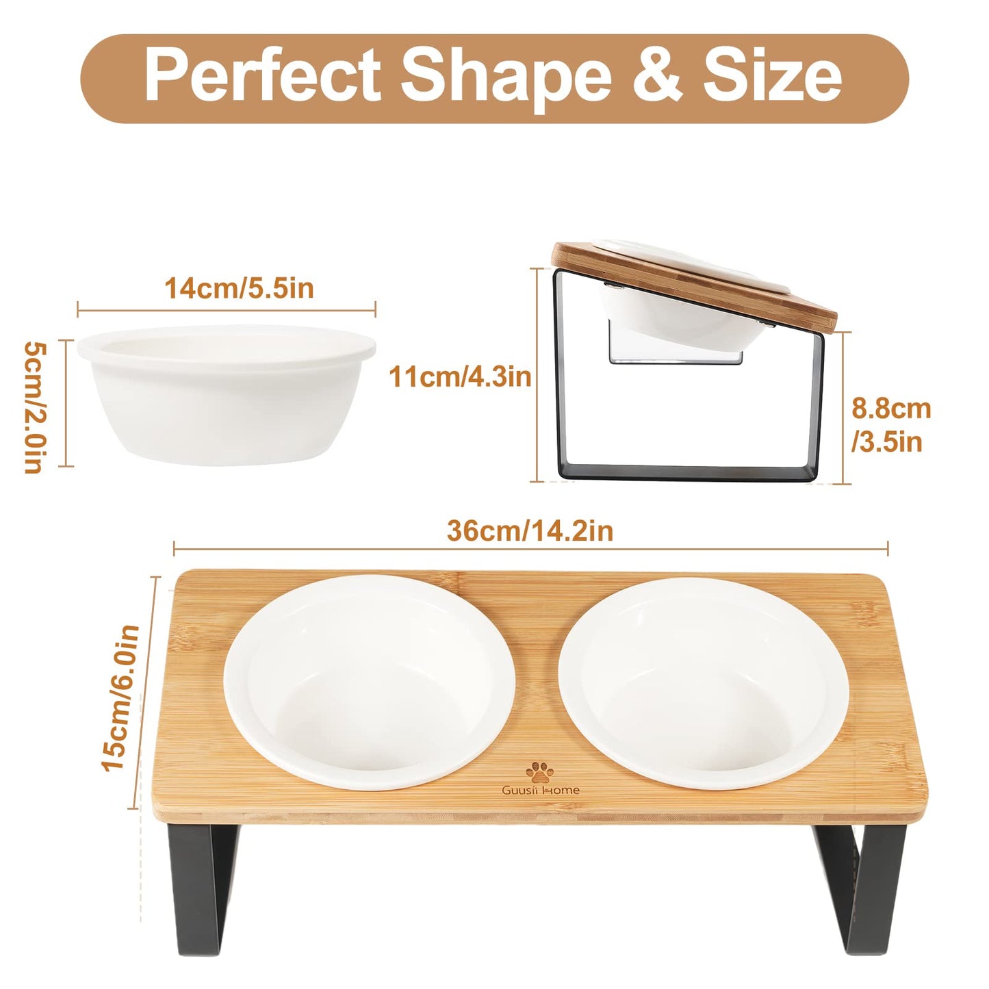 Sunhoo Cat Bowl Elevated Cat Food Water Bowls Raised Kitty Dish Set of 2 Ceramic 15° Tilted Puppy Dishes Pet Bowl with Bamboo Stand Indoor Anti Vomiting (Yellow)