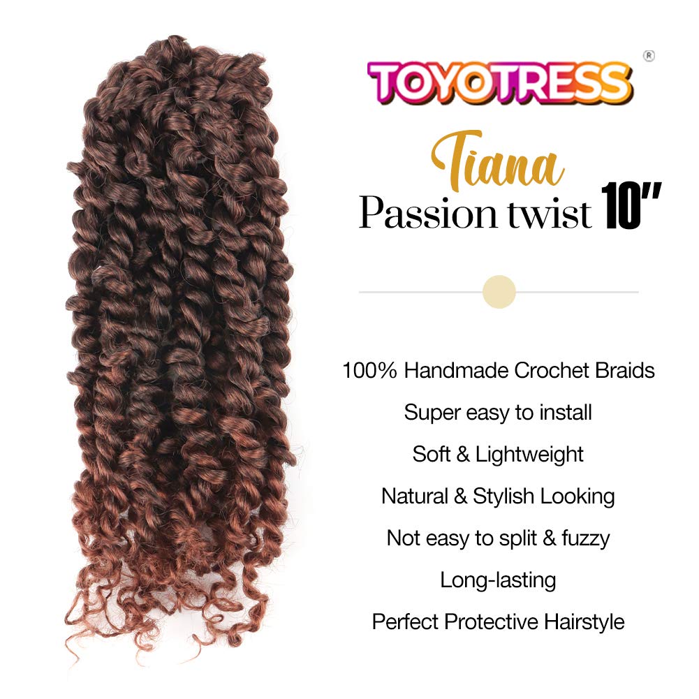 ToyoTress Tiana Passion Twist Hair - 10 Inch 8 Packs Ombre Brown Pre-Looped Pre-Twisted Passion Twists Crochet Braids Made Of Bohemian Hair Synthetic Braiding Hair Extension (10 Inch, T30-8P)