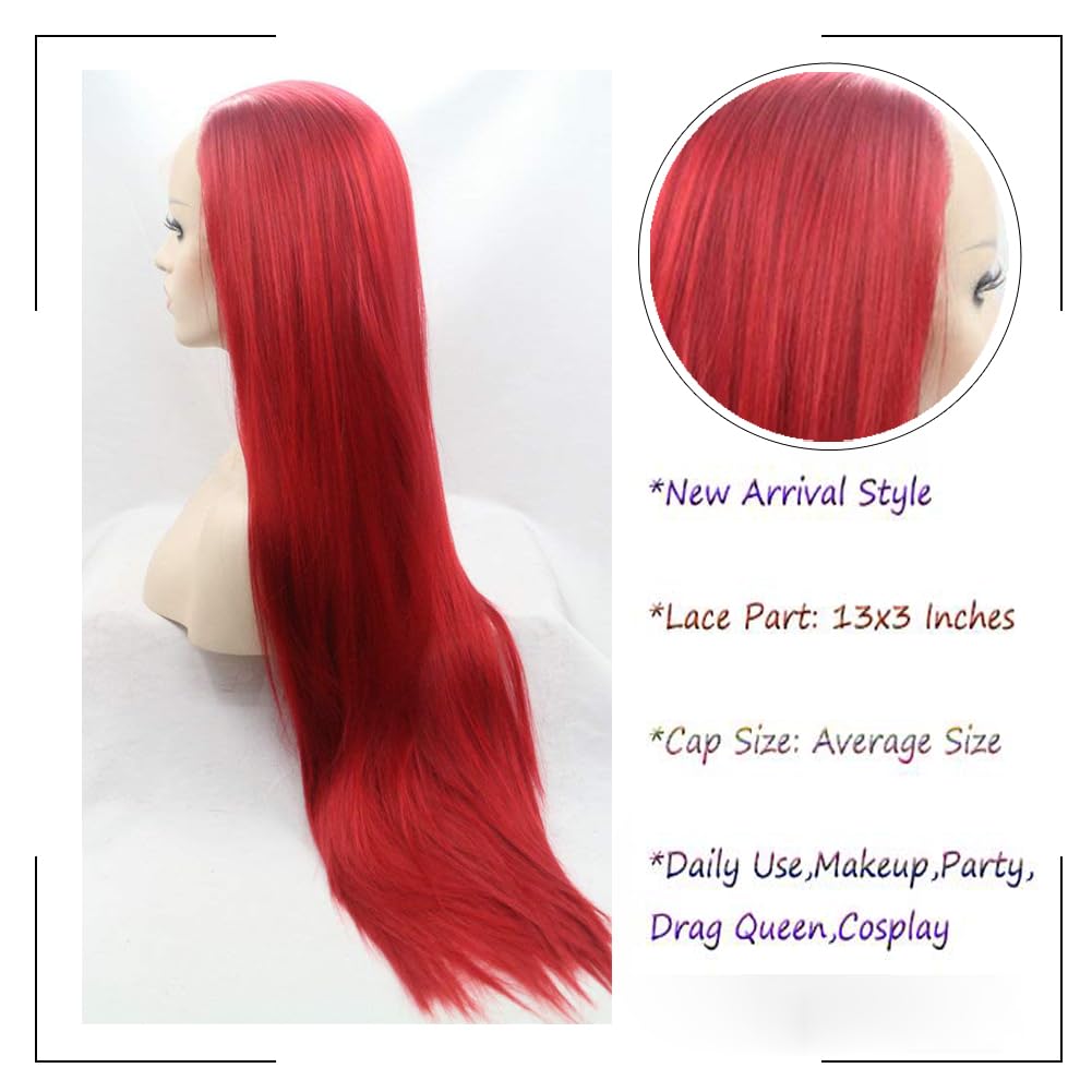 Angle Lucky Red Lace Front Wig Long Straight Red Middle Part Wig Synthetic Pre Plucked Lace Wig Heat Resistance Fiber Daily Makeup Party Wigs for Girls Women 24 Inch