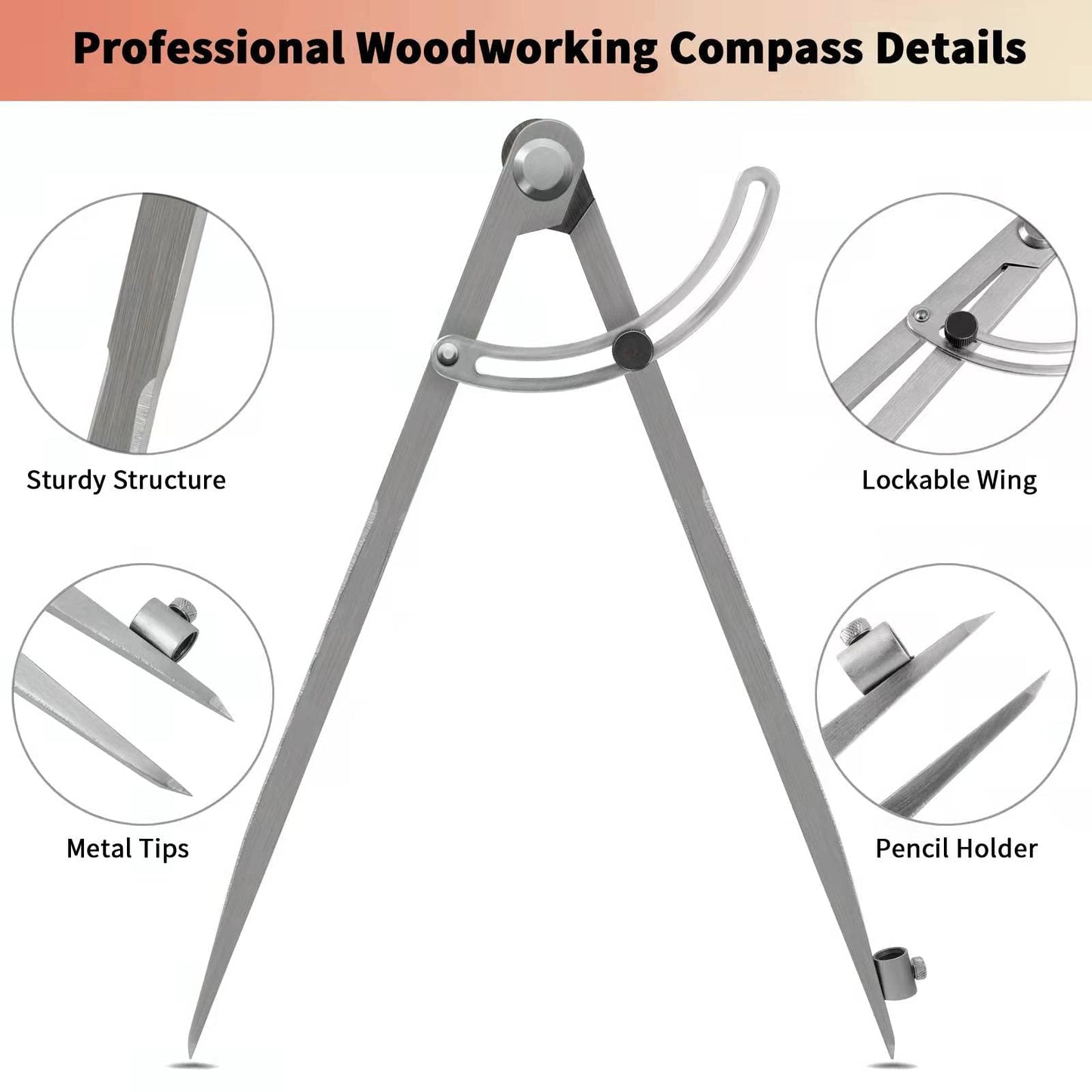Compass for Geometry, Compass for Woodworking, 16 inch Precision Woodworking Compass with Wing Divider and Pencil Holder, Large Compass for Geometry, Woodworking Compass, Drafting, Drawing Compass