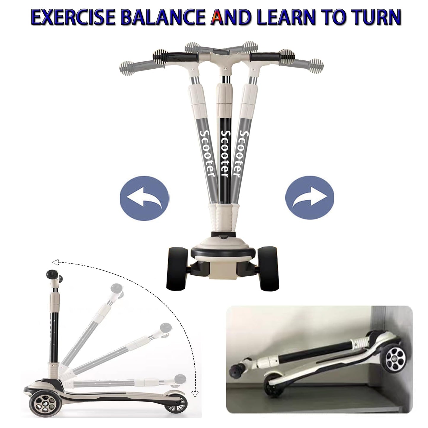 CLrkualn Kick Scooter for Kids Ages 6+, 5 Adjustable Height Foldable Scooter with 3 LED Light Wheels, Outdoor Activities for Toddlers Boys Girls, Max Load up to 240 lbs (Black and White)