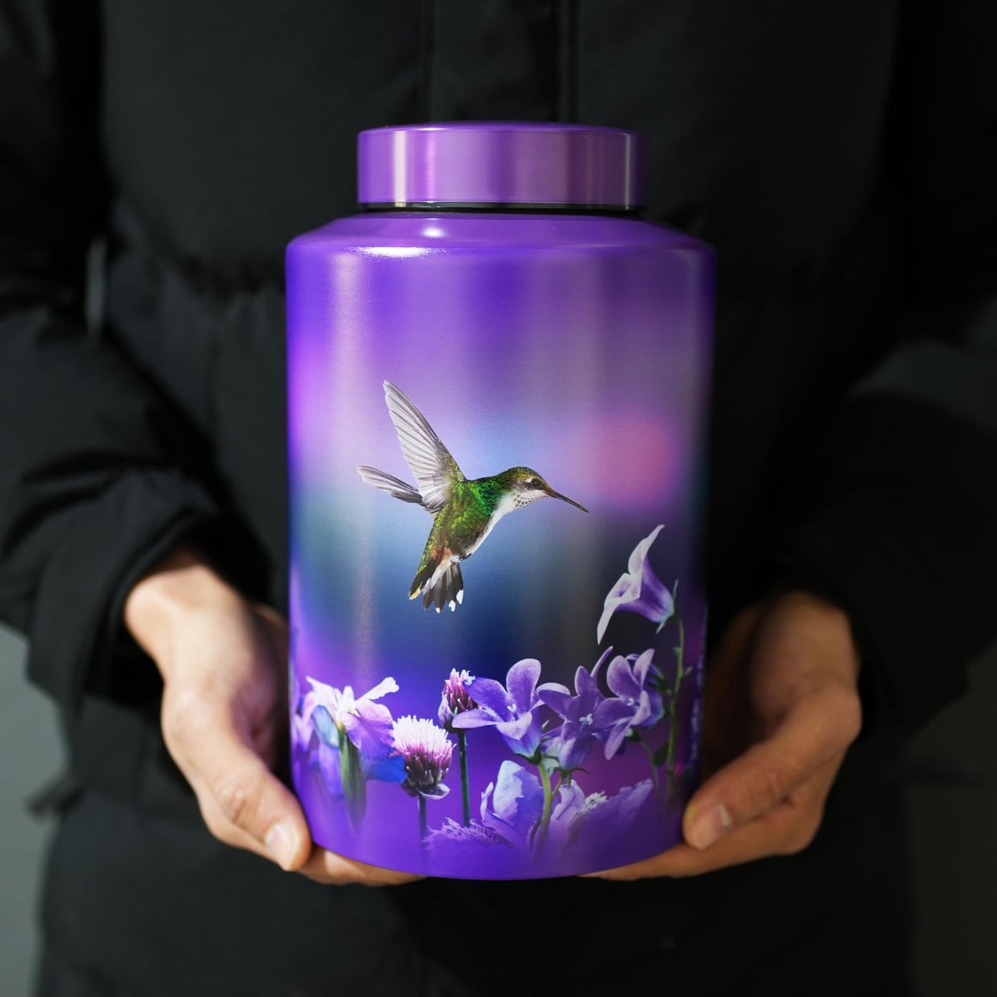 Large Cremation Urns for Adult Male Female Ashes, Up to 220 lbs Decorative Funeral Purple Keepsake Memorial Urn for Human Women Man Dad Mom Ashes with Velvet Bag(Hummingbird)