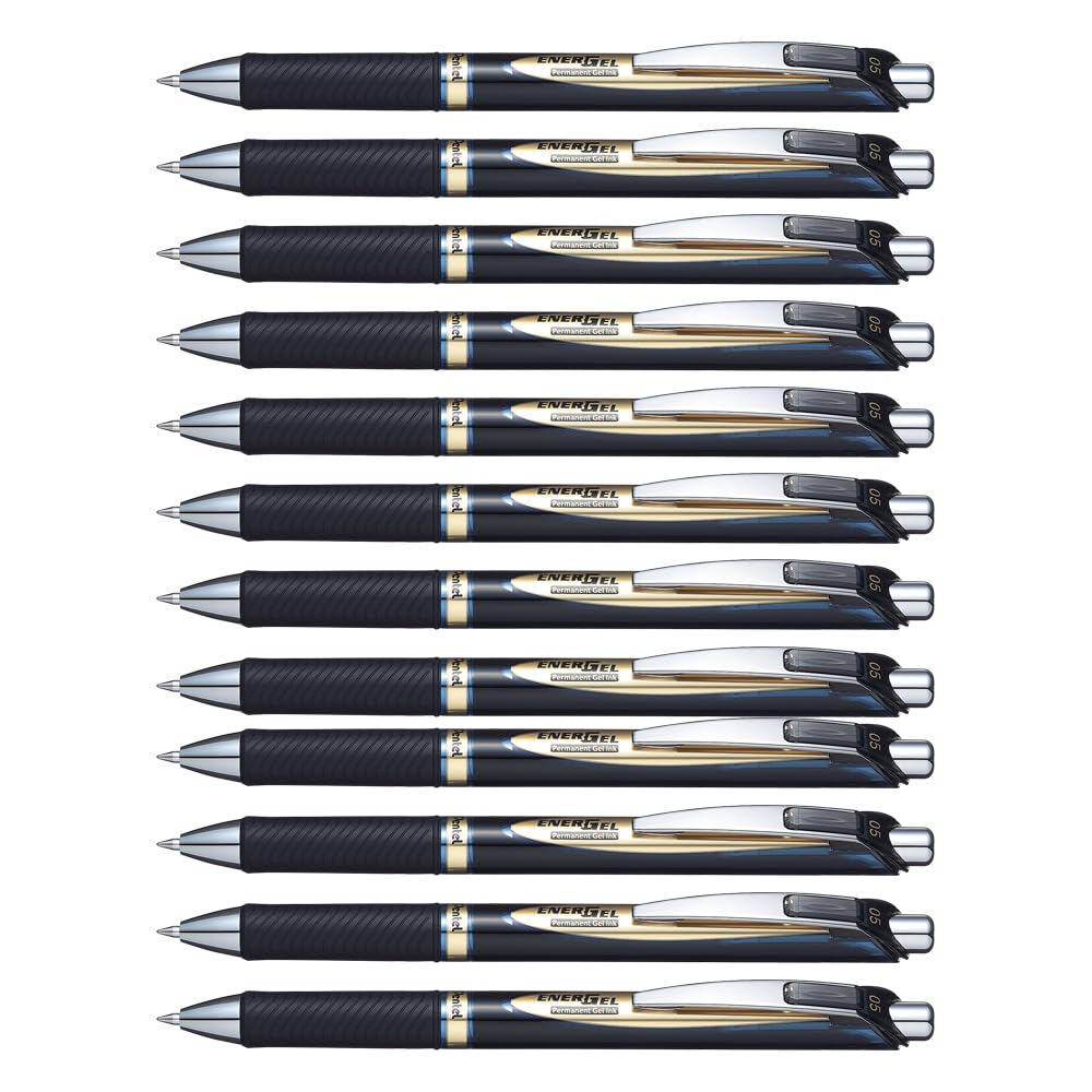 Pentel EnerGel Permanent Retractable Liquid Gel Rollerball Pen, Archival Quality, Water Resistant Ink, For Signing Important Documents, 0.5mm Fine Point, Blue Ink, BLP75-C, Box of 12