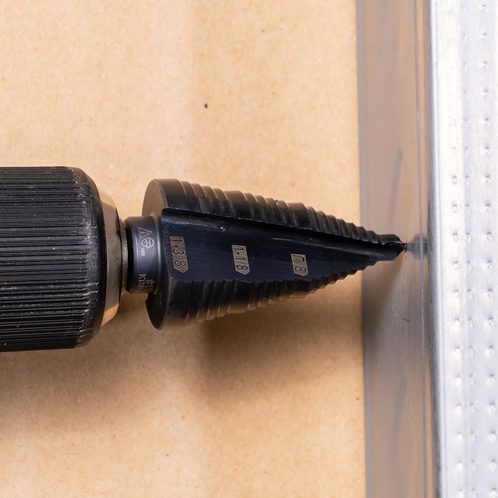 Klein Tools KTSB15 Step Drill Bit #15 Double Fluted 7/8 to 1-3/8-Inch with Easy-to-Read Step Markings and Targets, 3/8-Inch Hex Shank