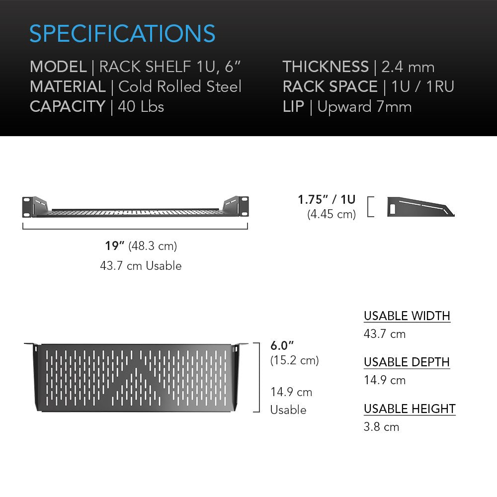 AC Infinity Vented Cantilever 1U Universal Rack Shelf, 6" Deep, for 19” equipment racks. Heavy-Duty 2.4mm Cold Rolled Steel, 40lbs Capacity