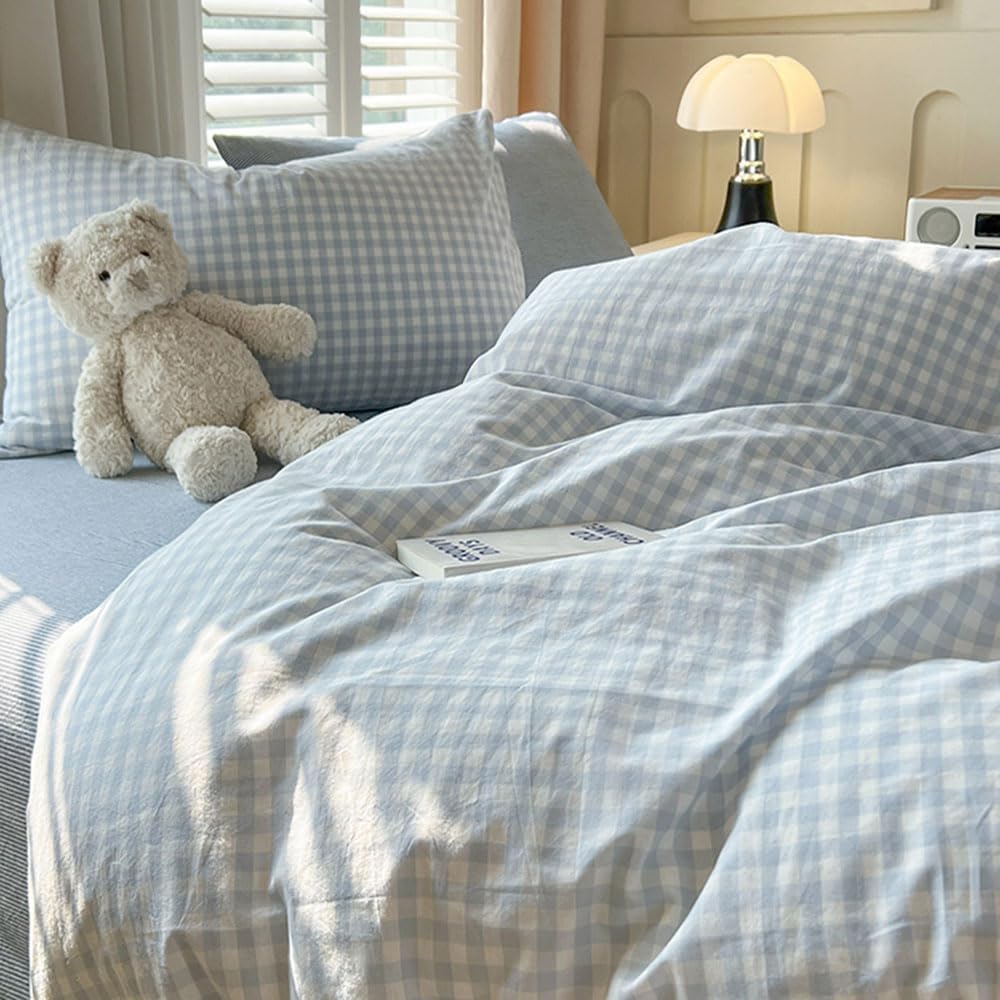 Nayoroom Blue Gingham Duvet Cover Queen Size Plaid Checkered Farmhouse Comforter Cover 3 Pcs Soft Breathable Washed Microfiber Grid Bedding Set with Pillow Shams
