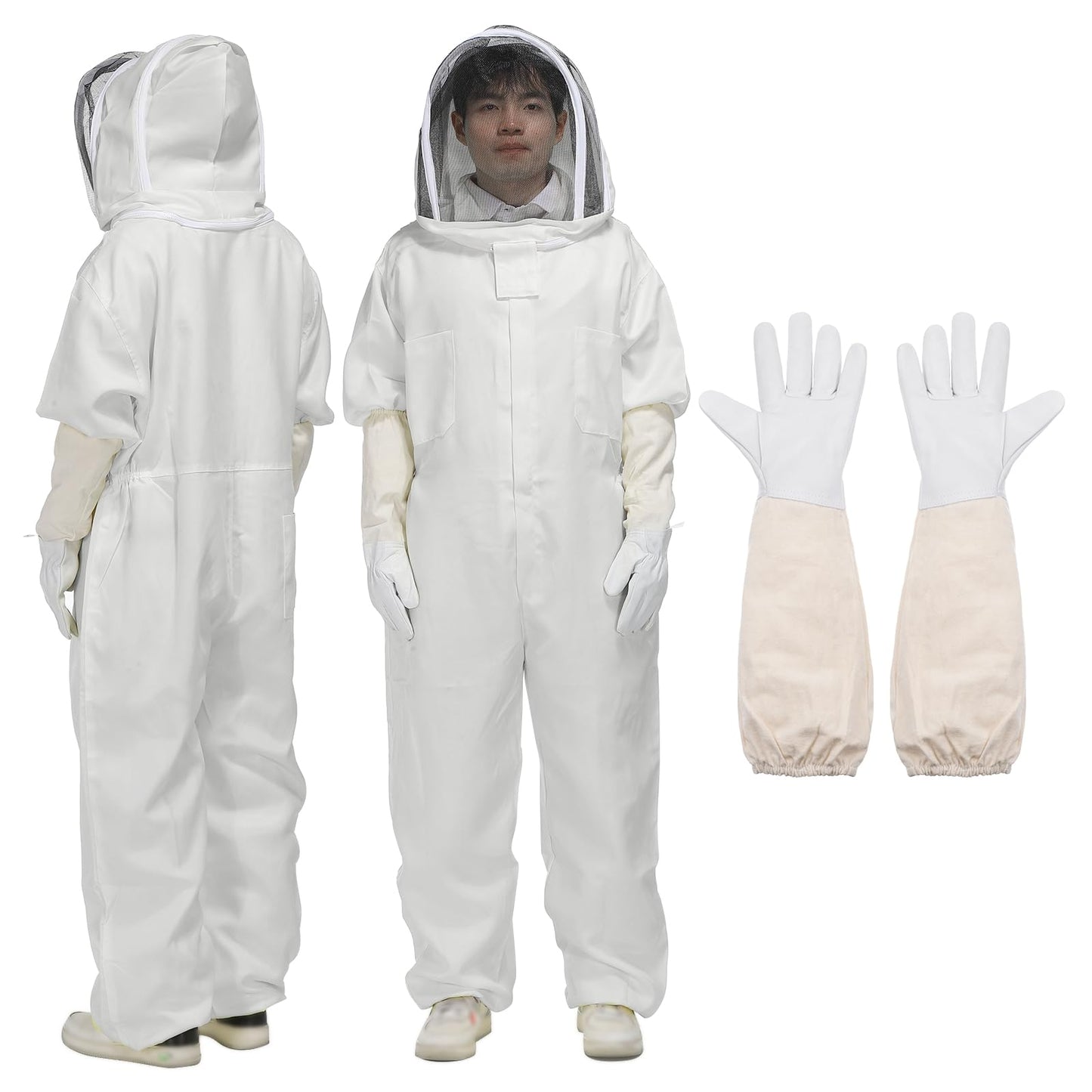 HARFINGTON Bee Suit for Men Women XXXL Beekeeping Suit Outfit with Gloves and Veil Hood (Jacket, Pants, Gloves) Bee Suits for Adult Backyard Professional and Beginner Bee Keeper,White