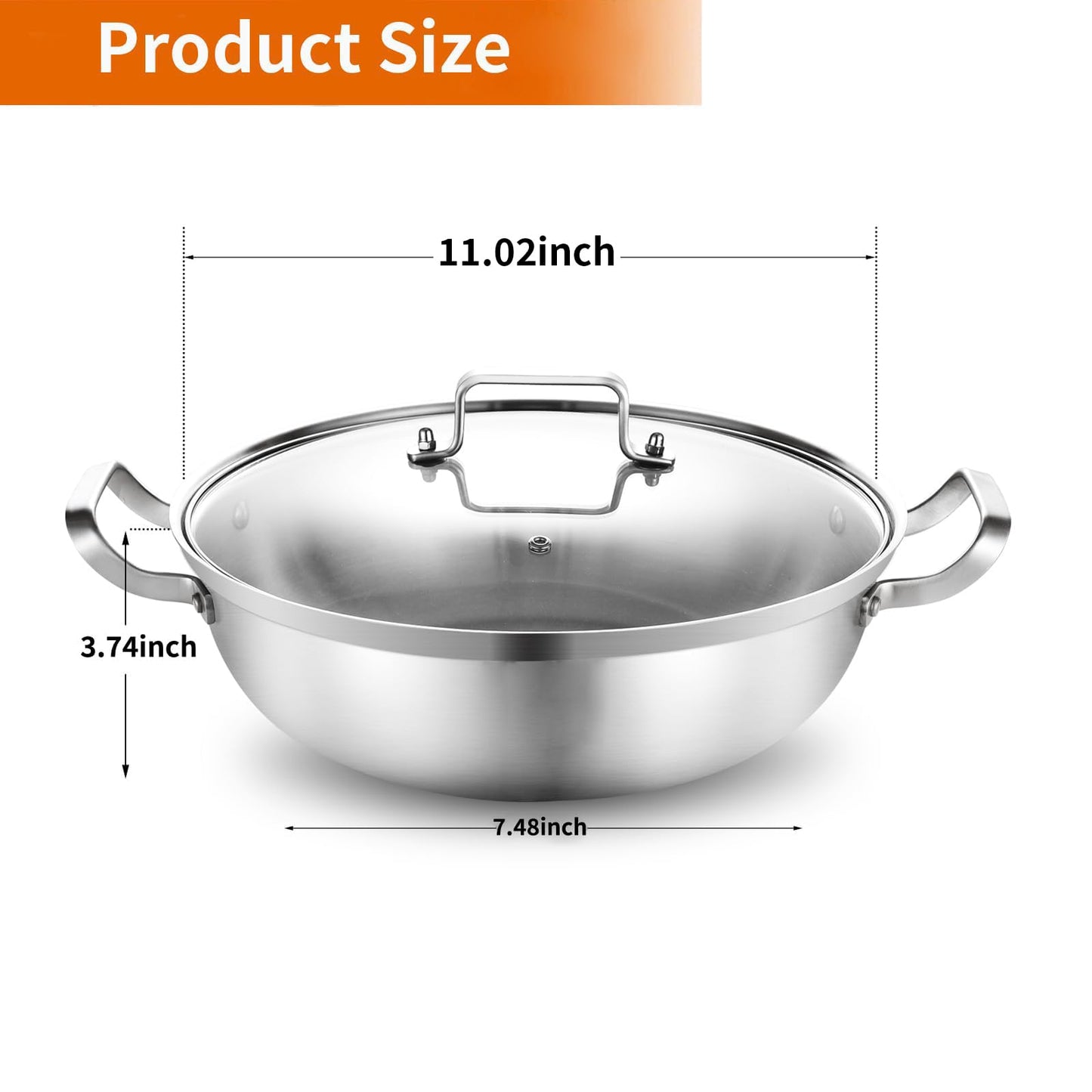 DELARLO Tri-Ply Stainless Steel 12 inch Everyday Pan with Glass Lid, Deep Saute Pan, Kitchen Everything Pan, High Side Chef's Pans, Induction Cooking Pot, Dishwasher Safe, 4QT Stock Pot Up to 600℉