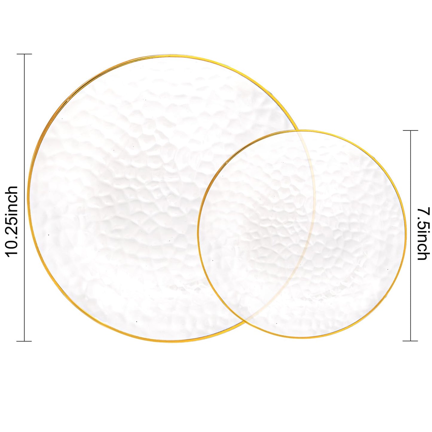Rubtlamp 100Pcs Clear Gold Plastic Plates, Disposable Plates with Gold Rim, Heavy-Duty Party Platos, Hammered Plastic Plates Include 50 Clear Dessert Plates, 50 Dinner Platos for Party