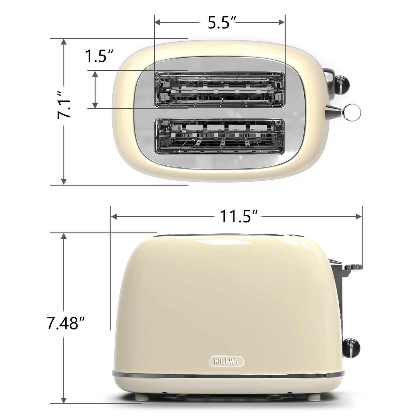 Toaster 2 slice, KitchMix Retro Stainless Steel Toaster with 6 Settings, 1.5 In Extra Wide Slots, Bagel/Defrost/Cancel Function, Removable Crumb Tray (Cream)