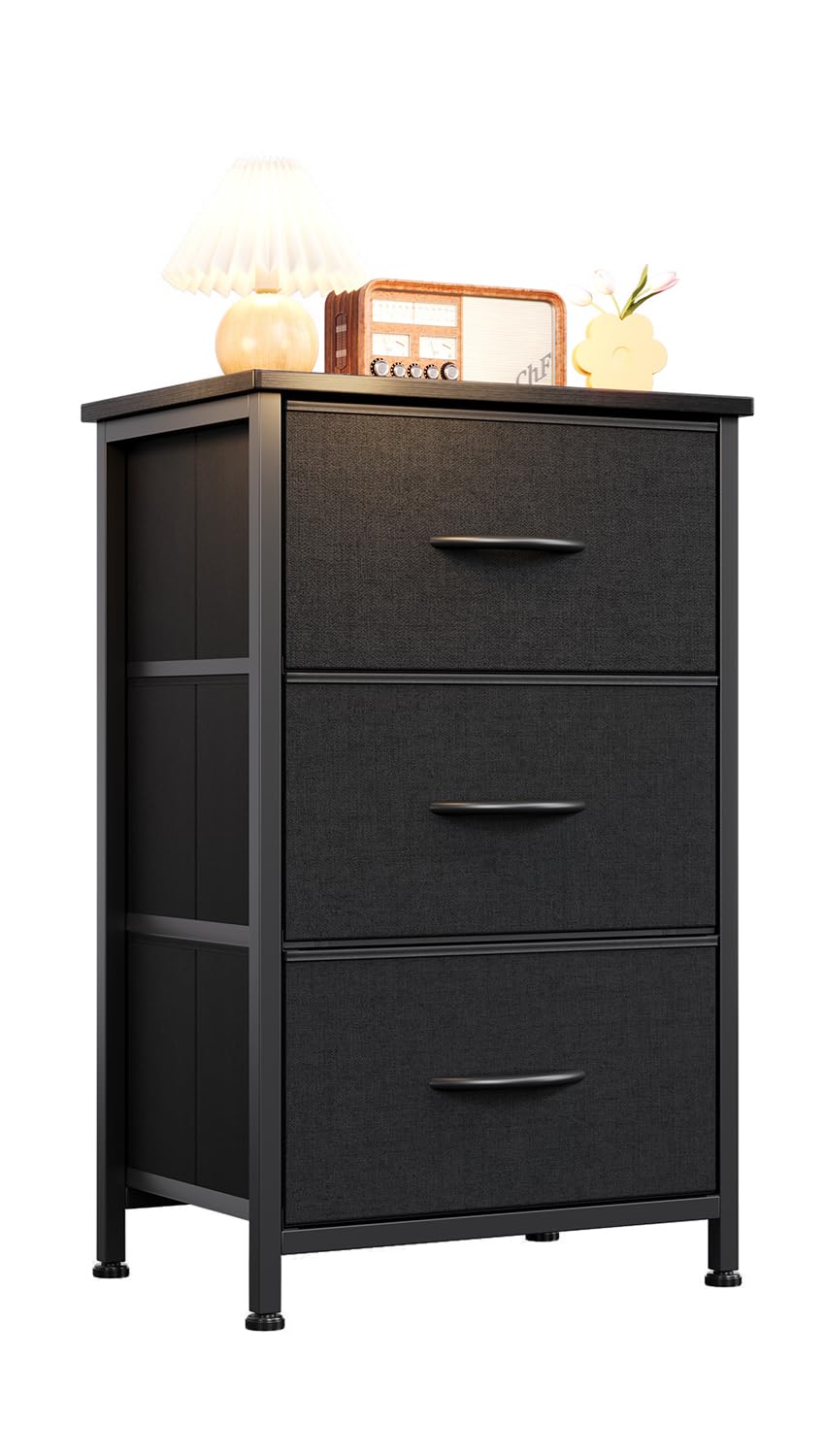 KitMent Night Stands, Beside Table End Table with 3 Fabric Drawers, Beside Furniture to Storage, 3 Bins for Bedroom, Kids Closet Dorm Guest Room, Black