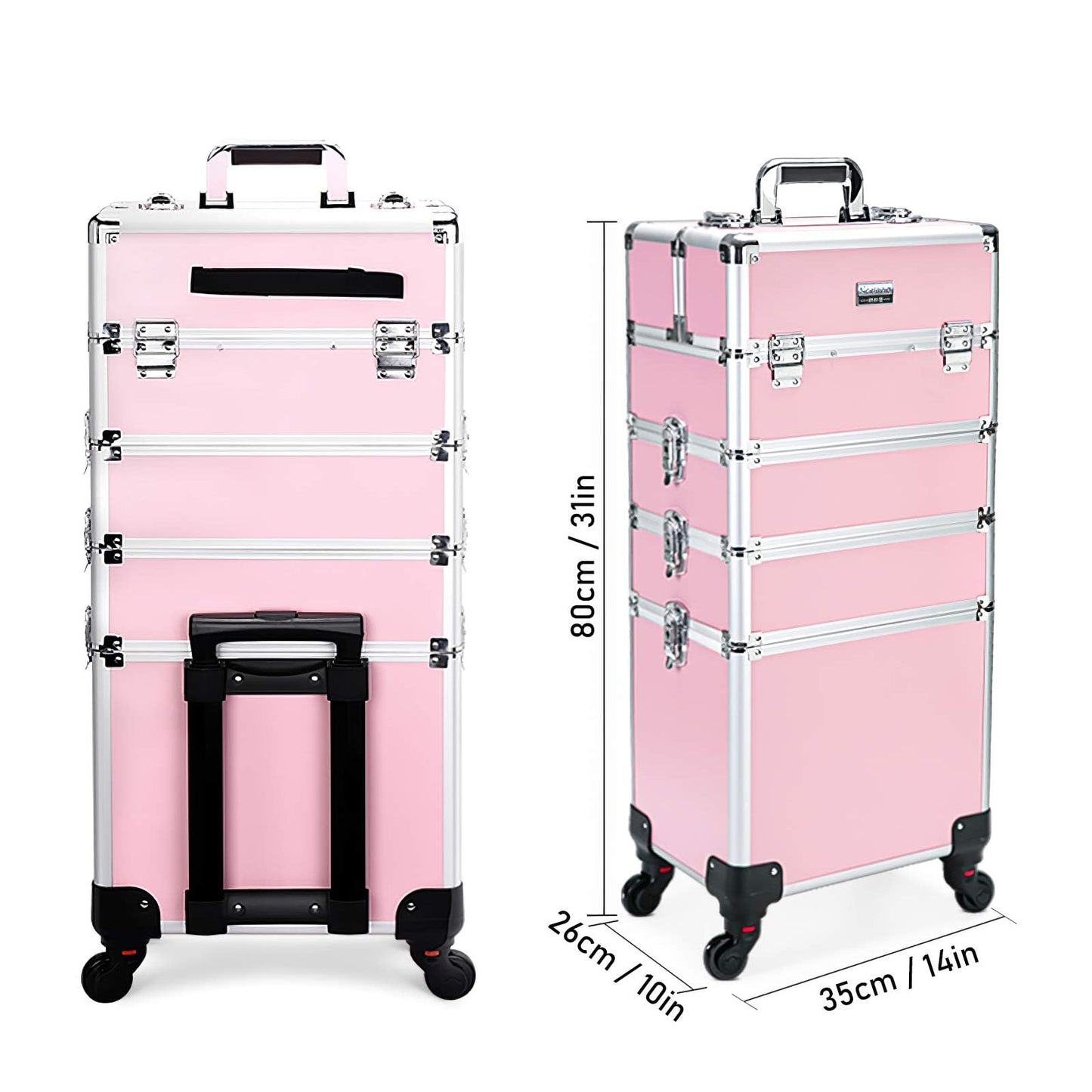 4 in 1 Rolling Makeup Case Professional Cosmetic Trolley, Aluminum Makeup Train Case with 360° Swivel Wheels, Lockable Storage Organizer for Beauty, Salon, Travel, Jewelry, Pink