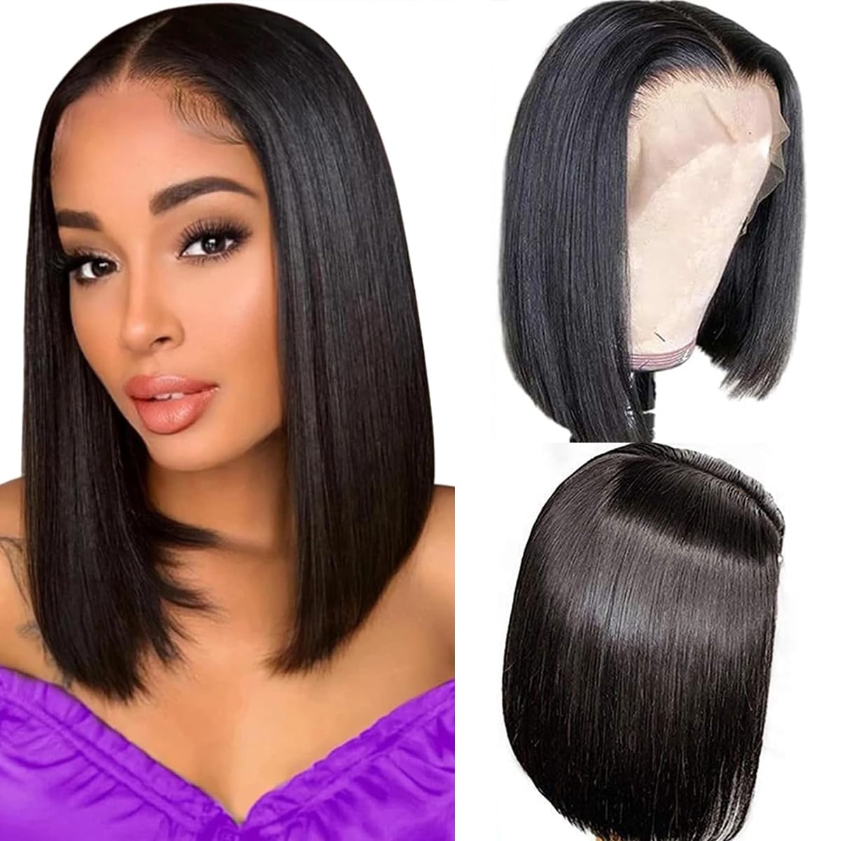 Bob Wig Human Hair 13x4 Lace Front Wigs for Black Women 16 Inch Straight Short Bob Human Hair Wigs Perruque Femme Humain Naturel 150% Density Black