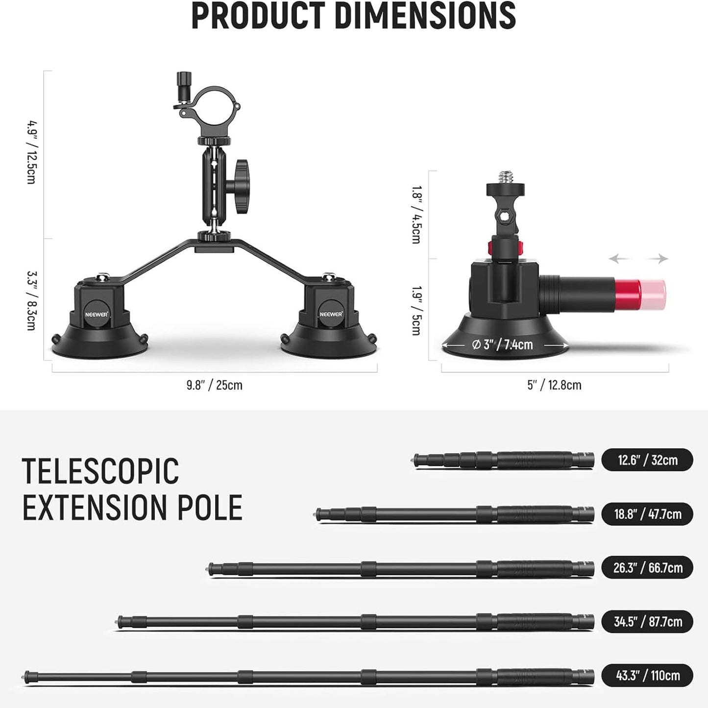 NEEWER Triple Suction Cup Car Mount Kit with 2in1 Extension Pole/Selfie Stick, Quick Release Outside Windshield Magic Arm Camera Mount with Action Camera Adapter Compatible with GoPro Insta360, CA065