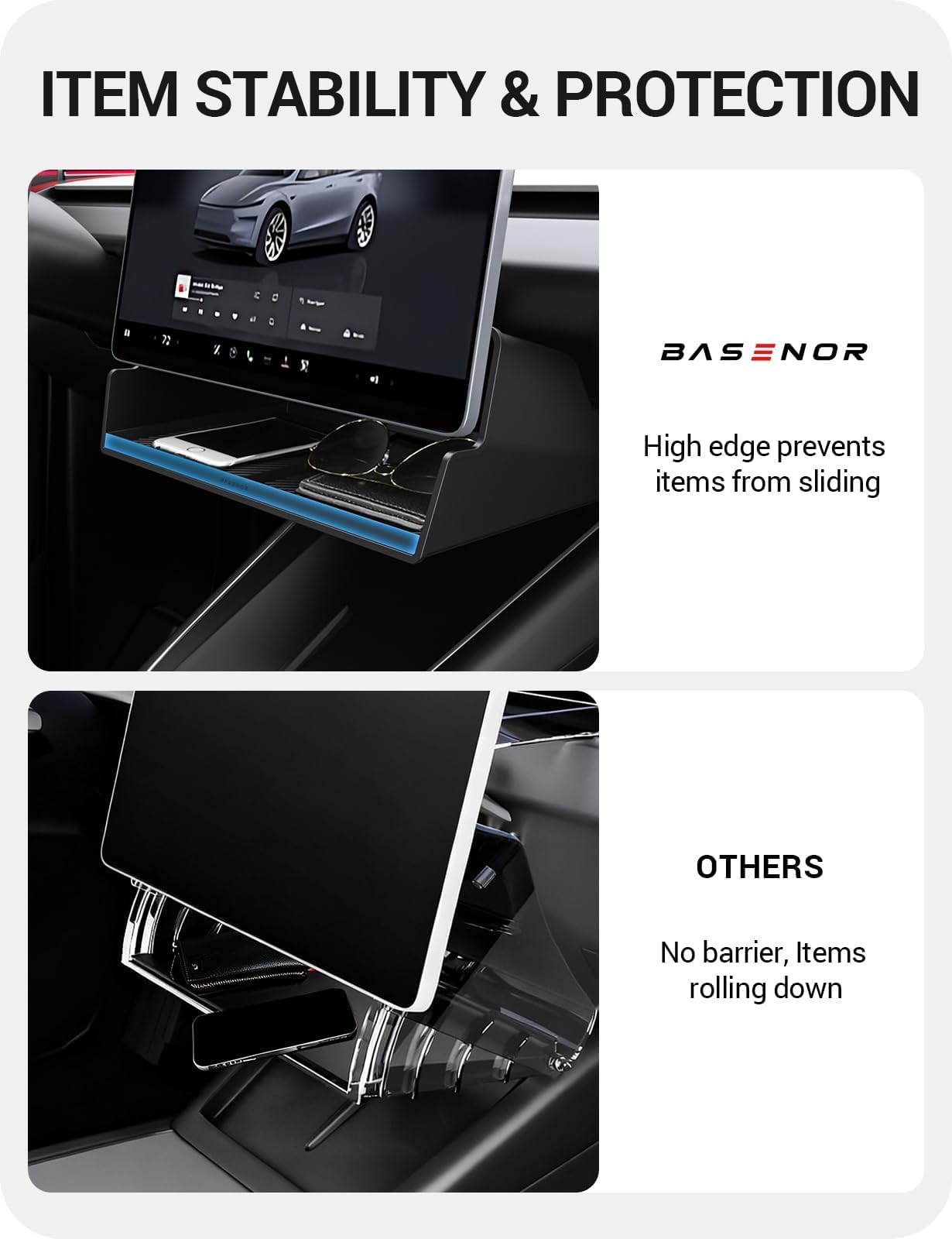 BASENOR 2026 Tesla Model Y Model 3 Center Console Organizer Storage Tray [100% Secure] Under Screen Organizer Box Tesla Interior Accessories for 2024-2026 Model 3 Highland 2025 2026 Model Y Juniper