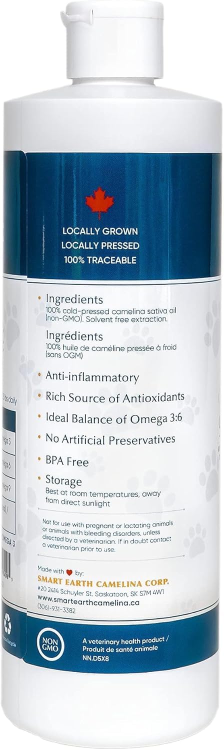 SmartEarth Camelina Oil for Dogs - Omega 3, 6, 9 Supplement for Healthy Skin, Shiny Coat & Flexible Joints - Dog Joint Supplement - Natural Canine Wellness - (16oz) (Pack of 2)