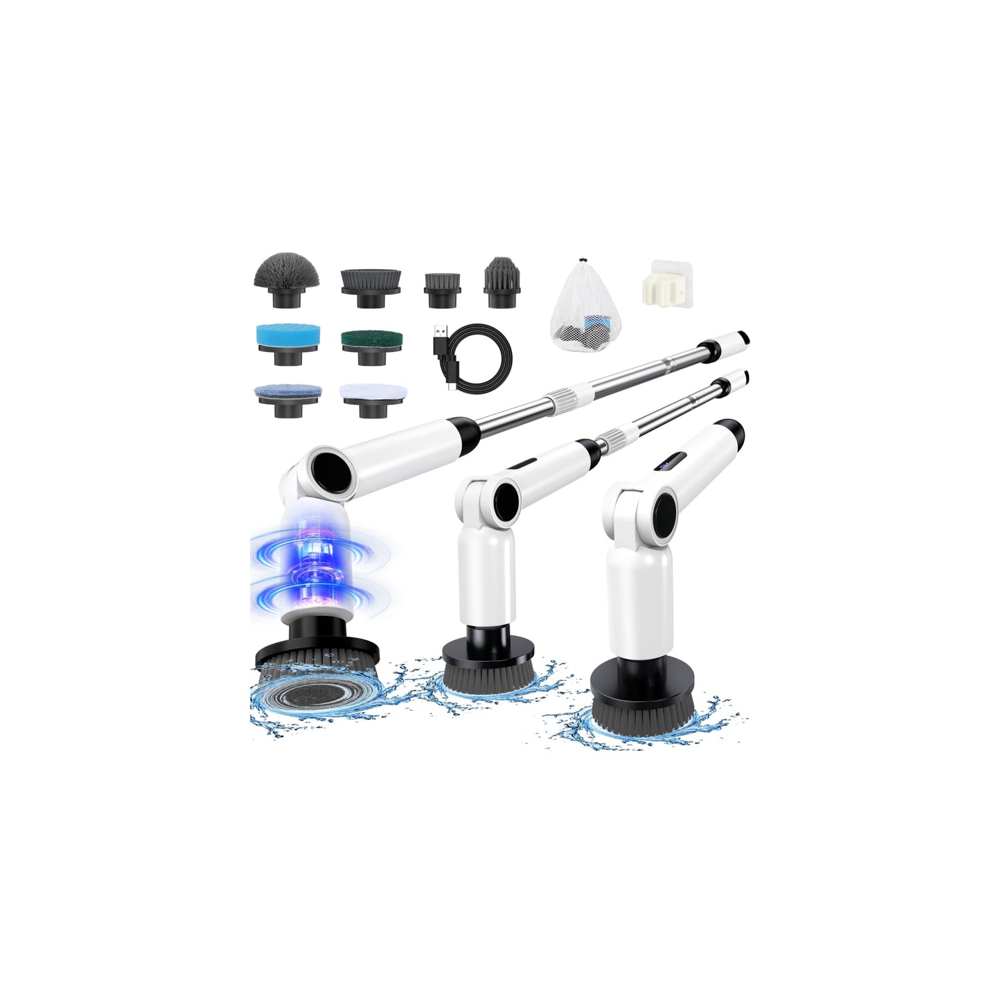 Electric Spin Scrubber, [Adjustable Angle] Homtronics Cordless Electric Cleaning Brush with 8 Replaceable Brush Heads, Battery Display, 450r/min Speed, 50in Adjustable Long Handle for Bathroom