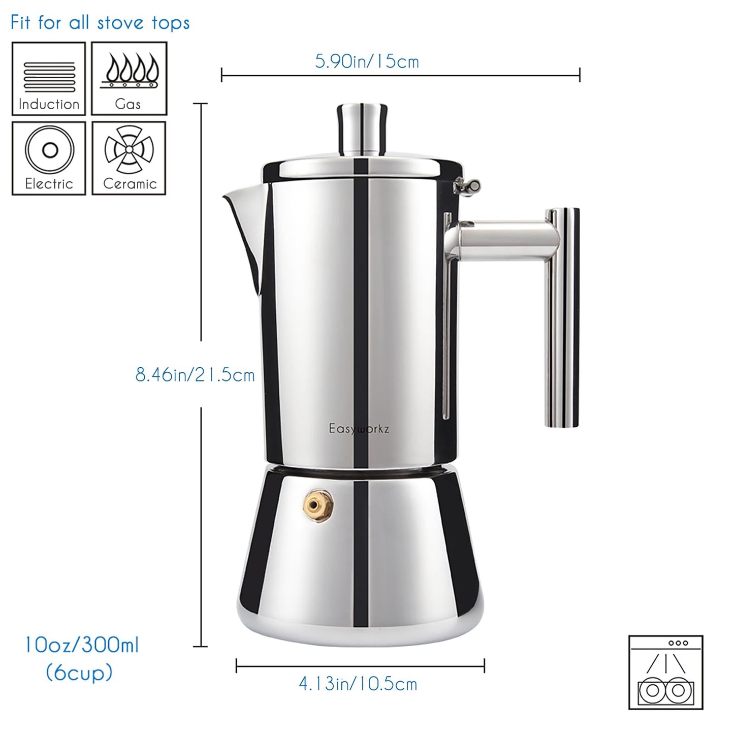 Easyworkz Diego Stovetop Espresso Maker 6Cup 300ml Stainless Steel Italian Coffee Machine Maker Induction Moka Pot