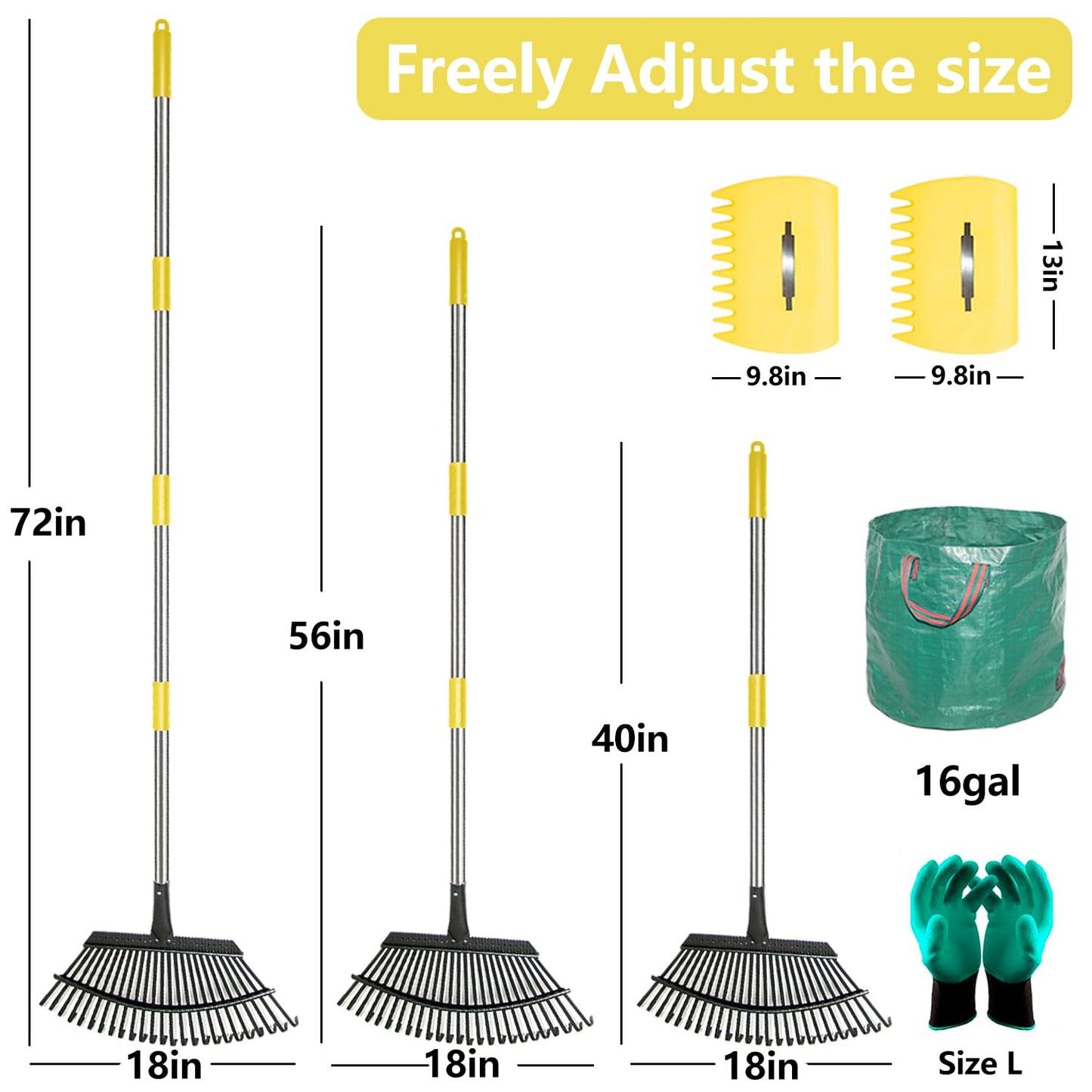 Stanew 5.4FT Heavy Duty Stainless Steel Garden Leaf Rake -Adjustable Length, 25 Tines Landscape Rake, Leaf Collector, and Leaf Scoops for Yarn Thatch, Gathering Leaves, Farming, Herb Garden and More