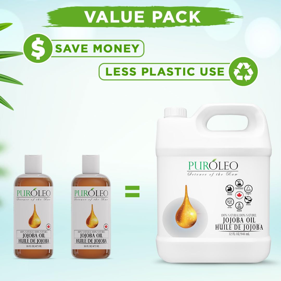 PUROLEO Jojoba Oil 32 Fl Oz/946 ML (Packed In Canada) 100% Pure and Natural for Hair Oil, beard oil , Cuticle Oil, baby oil & Face Oil | |Personal Beauty Pack Easy to carry | Premium Leakproof unbreakable Packaging