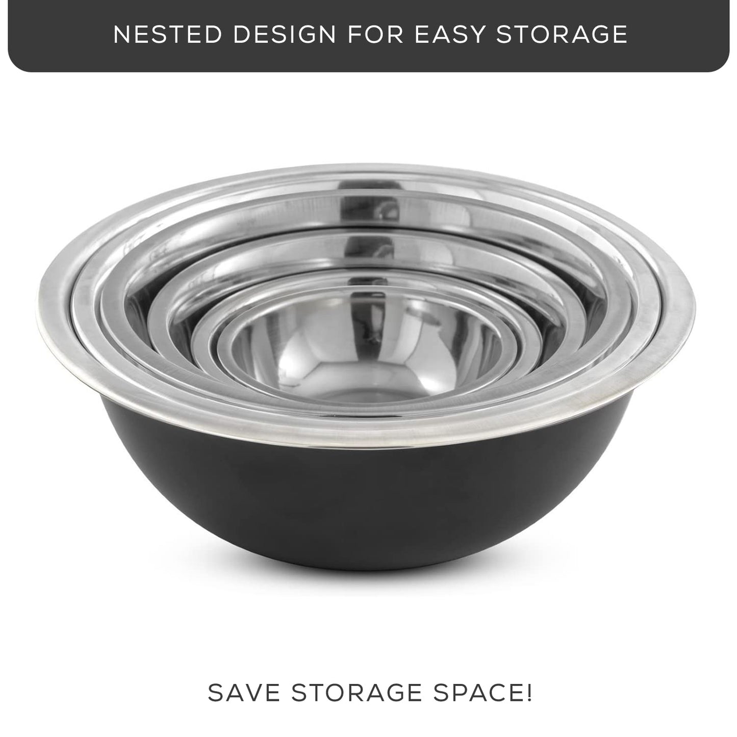 JoyJolt Stainless Steel Mixing Bowl Set - 6 Piece Nesting Bowls, 5qt to 0.5qt, Black, Perfect for Dough, Batter & Baking