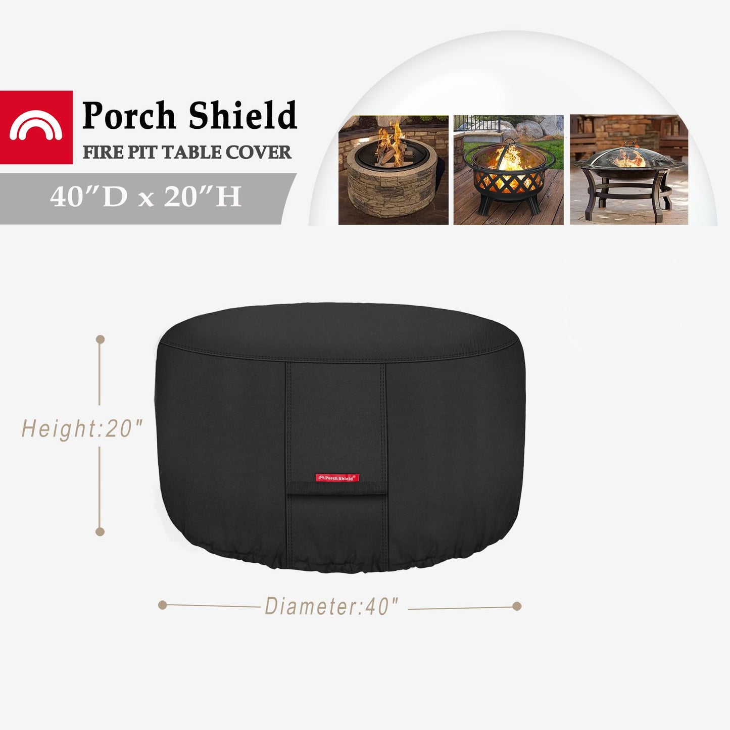 Porch Shield Fire Pit Cover - Waterproof 600D Heavy Duty Round Patio Fire Bowl Cover Black - 40 inch