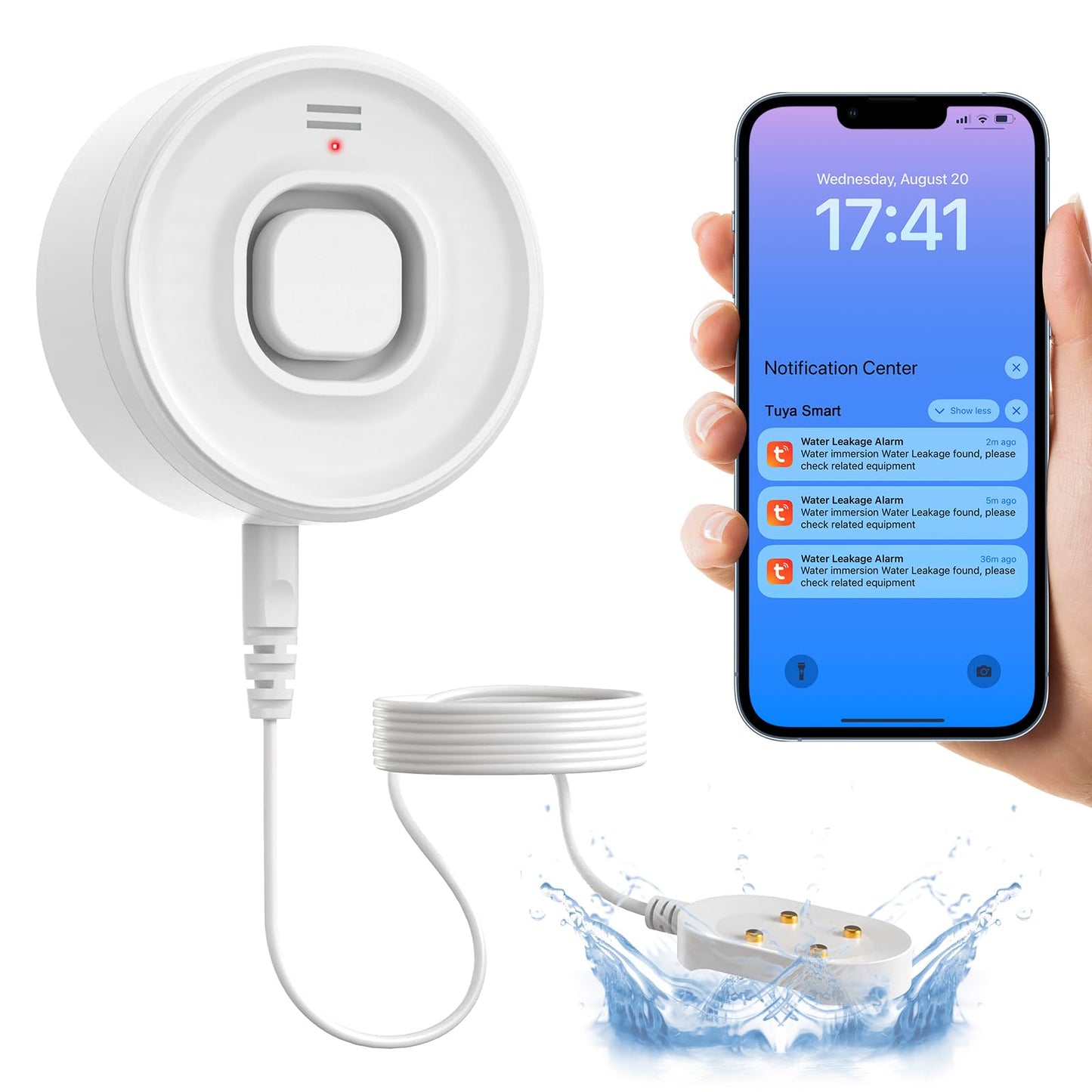 DAYTECH WiFi Water Sensors for Leaks 110dB Sump Pump Alarm with Phone Alerts and 6.5ft Detector Cable Smart Water Alarm for Basement/Laundry Room/Kitchen, 1-Pack(2.4G WiFi Only)