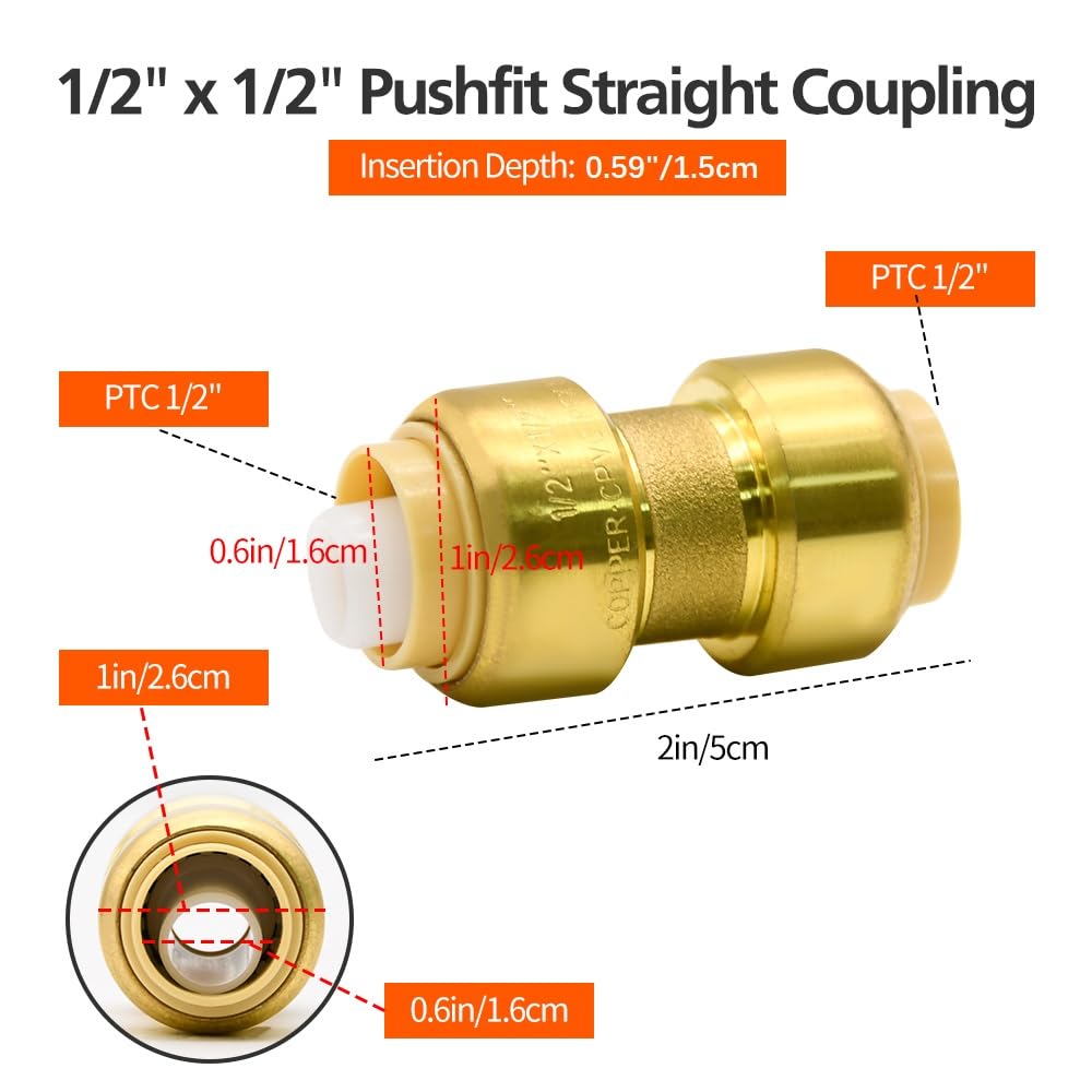 6 Pack 1/2" Push-to-Connect Plumbing Fittings, 1/2" Straight/Elbow/Tee Plumbing Fitting with 1/2" Disconnect Clip, Lead Free Brass Pushfit Fittings for Copper, PEX, CPVC Pipe