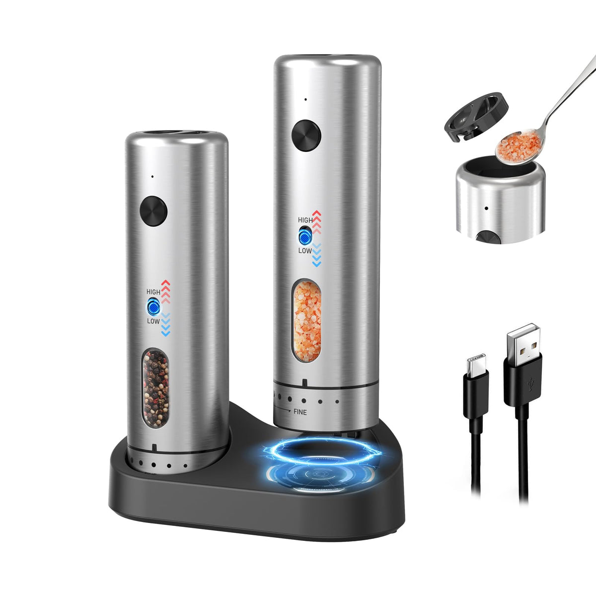 CIRCLE JOY Electric Salt and Pepper Grinder Set with Charging Base, USB Rechargeable Stainless Steel Spice Grinder Salt Mill, 2 Grinding Speeds, External Adjustment and 110ml Container