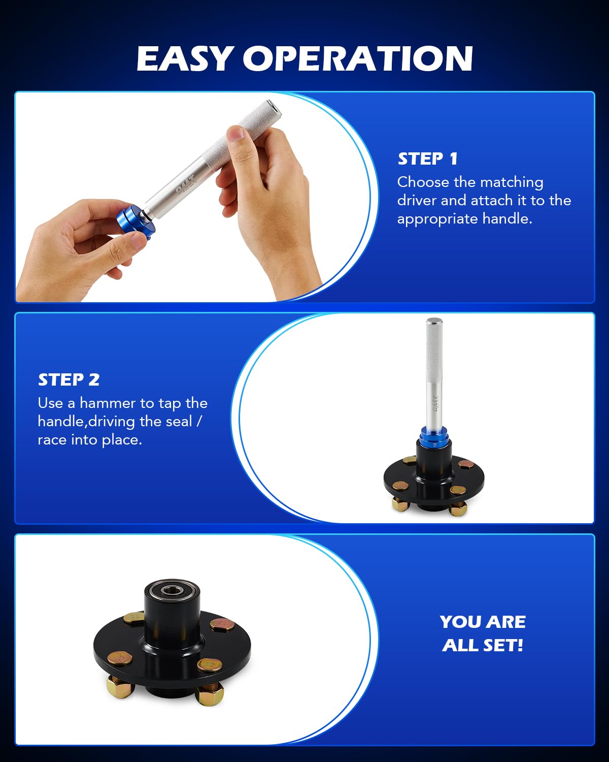 Orion Motor Tech 33pc Bearing Race & Seal Driver Set, 3 Knurled Handles, 30 Dual-Sided SAE & Metric Adapters, Blue Aluminum Alloy, Grease Compatible, Wheel Bearing Installation Kit