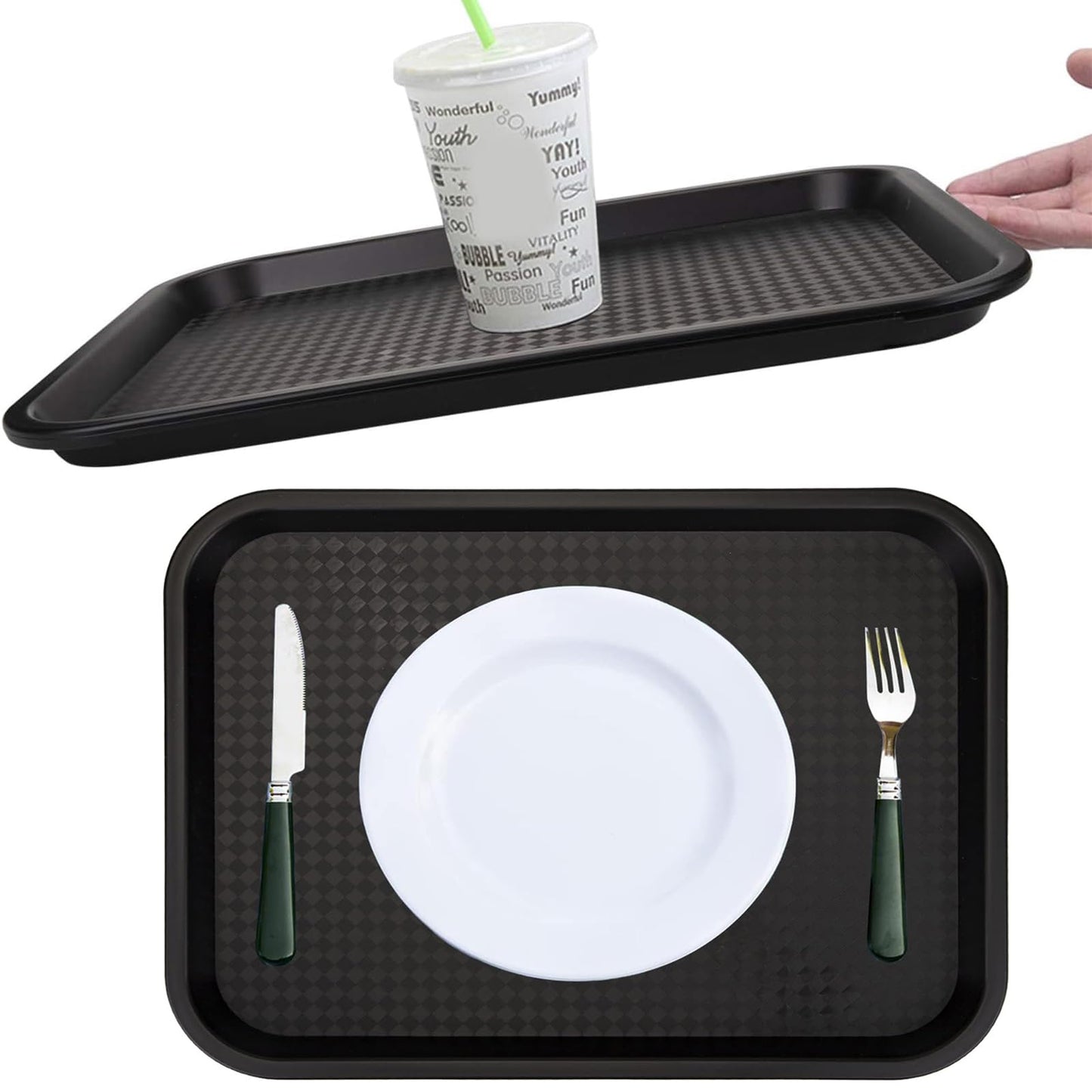 Yarlung 12 Pack Fast Food Tray, 13.7 x 10.5 Inch Plastic Restaurant Serving Tray Cafeteria Tray for Coffee Table, Party, Black