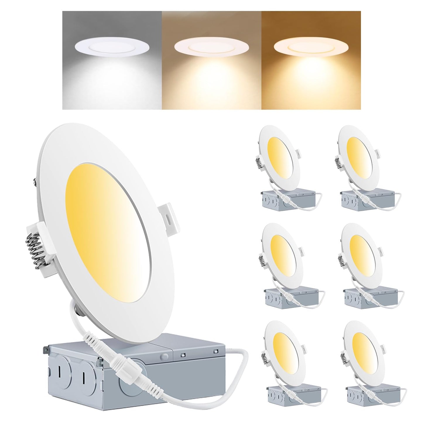 CSACCT LIGHT 4 Inch 3CCT 9W Ultra Thin LED Recessed Pot Lights, 3000K 4000K 5000K Selectable, 750LM Dimmable IC Rated for Shower, Kitchen, Living Room, 6 Pack