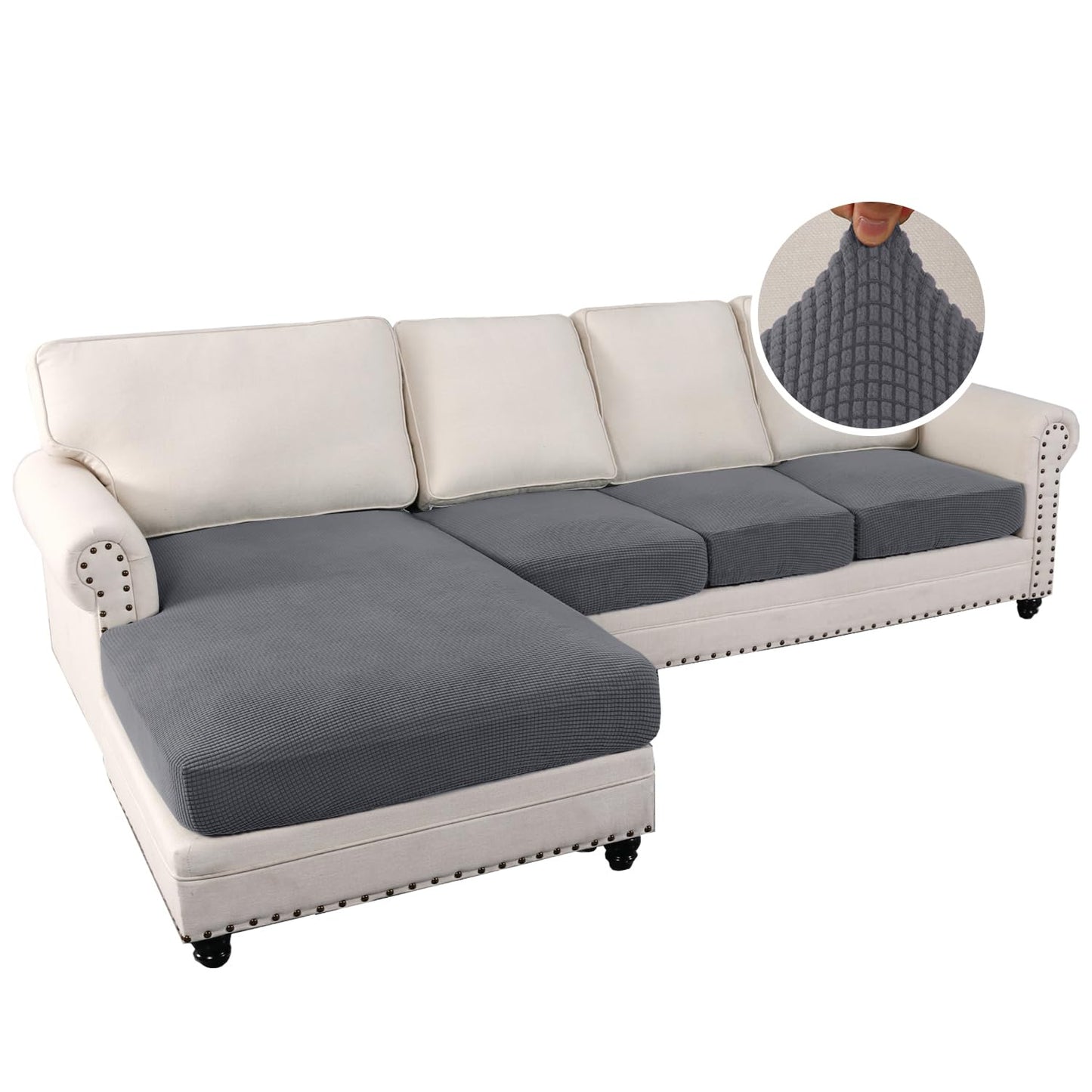 H.VERSAILTEX Sectional Couch Covers 4 Pieces Sofa Seat Cushion Covers L Shape Separate Cushion Couch Chaise Cover for Both Left/Right Sectional Couch (Seat Only: 1 Chaise + 3 Sofa, Grey)
