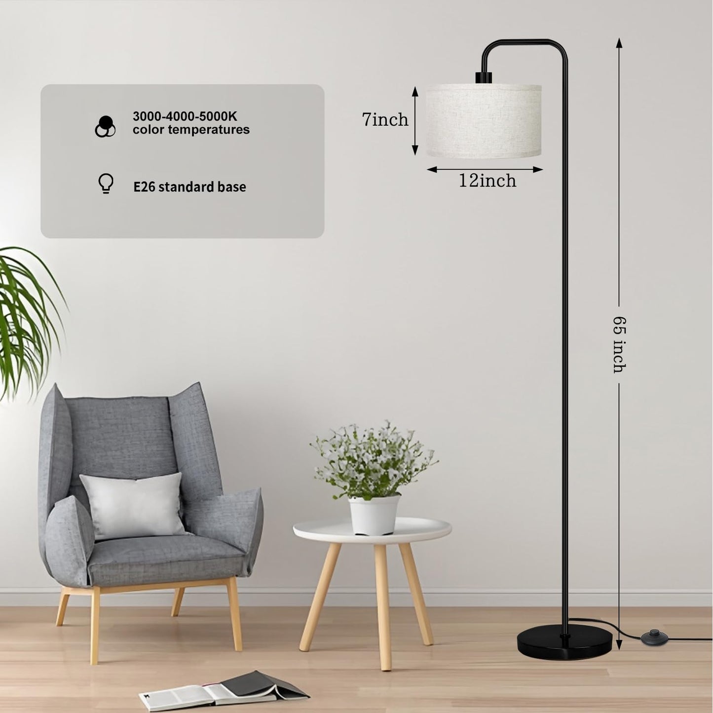Floor Lamp for Living Room, Modern Arc Standing Lamp, 3 Color Temperatures, Bulb Included Suitable for Living Room, Bedroom, Office, Study, Baby's Room etc.