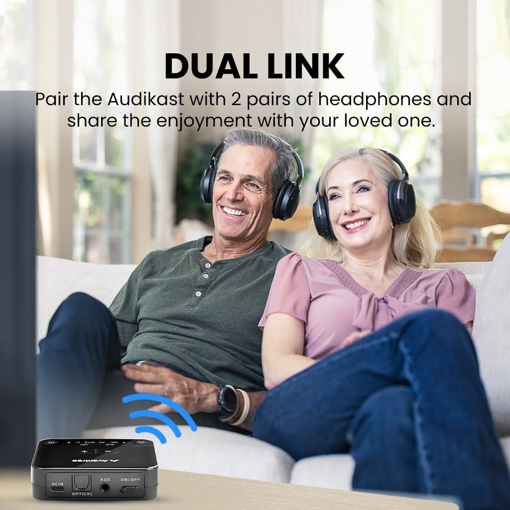 Avantree Audikast 3 - Bluetooth 5.3 Transmitter for TV with Optical or AUX Audio Output Port, aptX-Adaptive, Dual Link for 2 Headphones, and 100ft Long Range