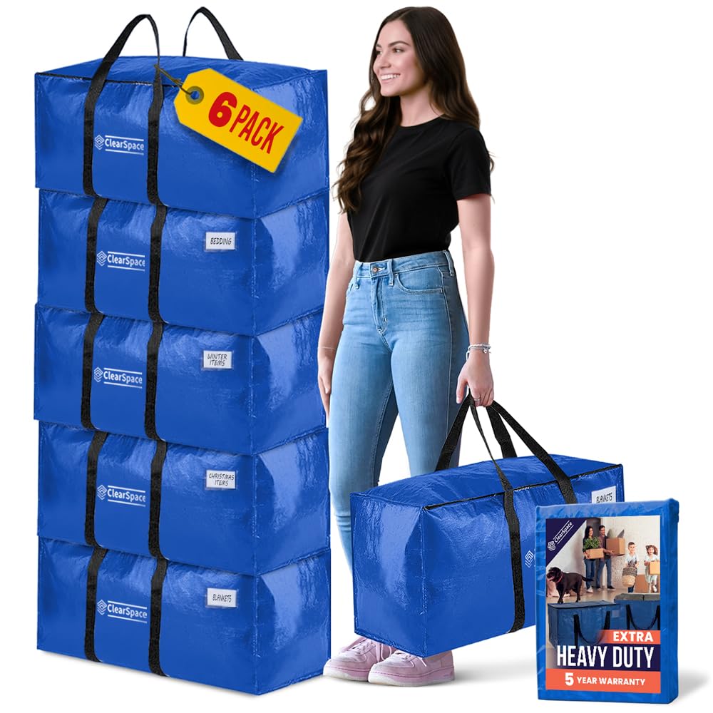ClearSpace Heavy Duty Moving Bags or Storage Bag, 6 Pack – Large Moving Boxes with Backpack Straps, Zippers & Handles – Perfect for College Dorm, Traveling, Camping, Christmas Decorations
