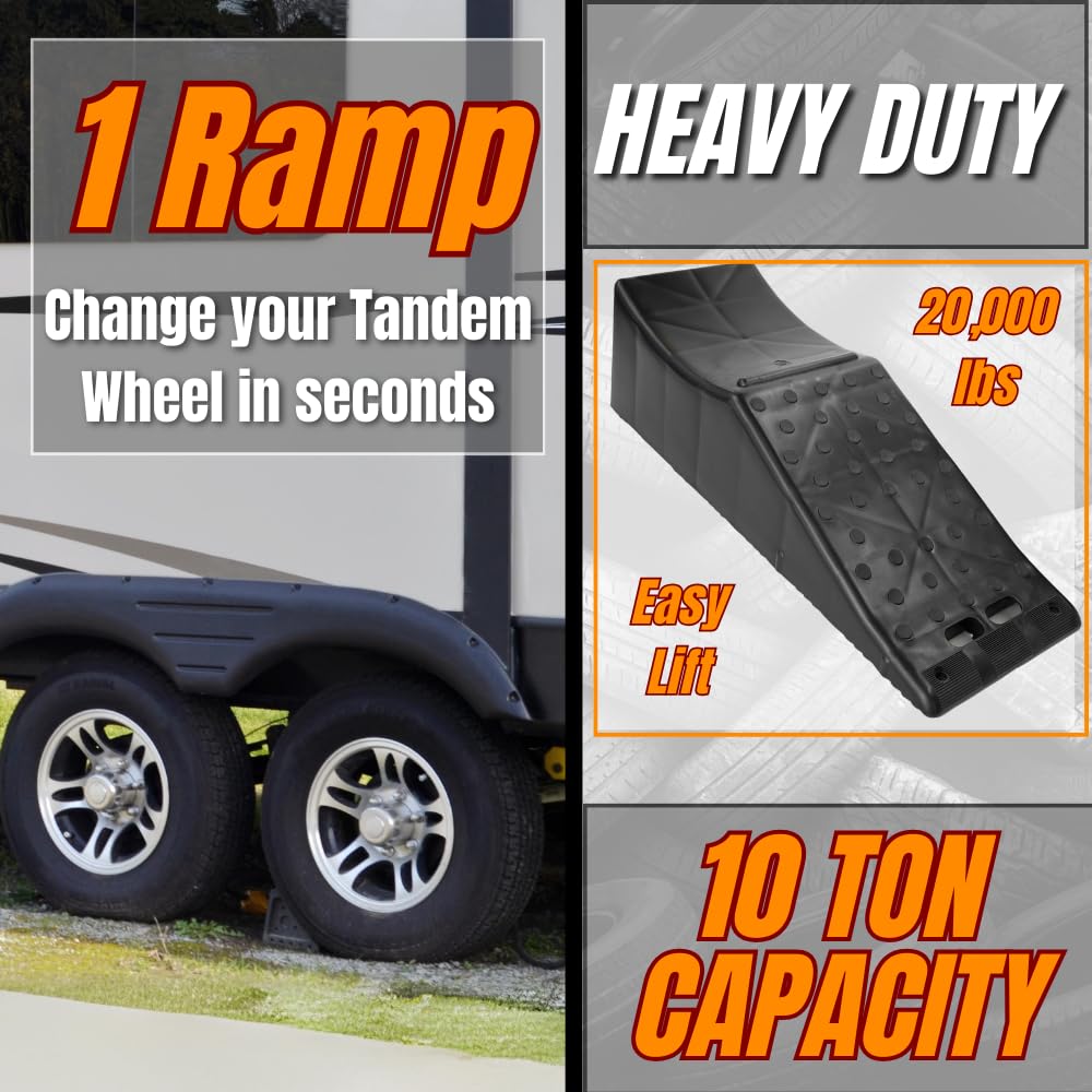 CARAVANTURE Wheel Ramp - Heavy Duty Tire Changing aid on Tandem Dual Axle Trailer - Concave RV Chock Riser with 5.5 Inch Lift, 10 Ton Lifting Capacity, Non-Slip, Change Flat with Ease - 1 Piece