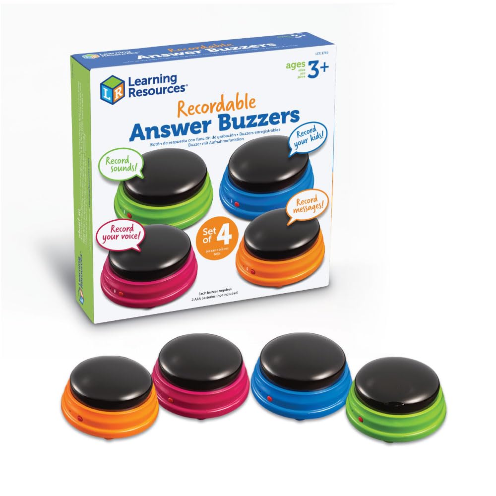 Learning-Resources-Recordable-Answer-Buzzers Set-of-4,-Ages-3+-|-Pre-K-Personalized-Sound-Buzzer,-Recordable-Buttons,-Game-Show-Buzzers,-Perfect-for-Family-Game-and-Trivia-Nights,-Dog-Buttons-for-Communications