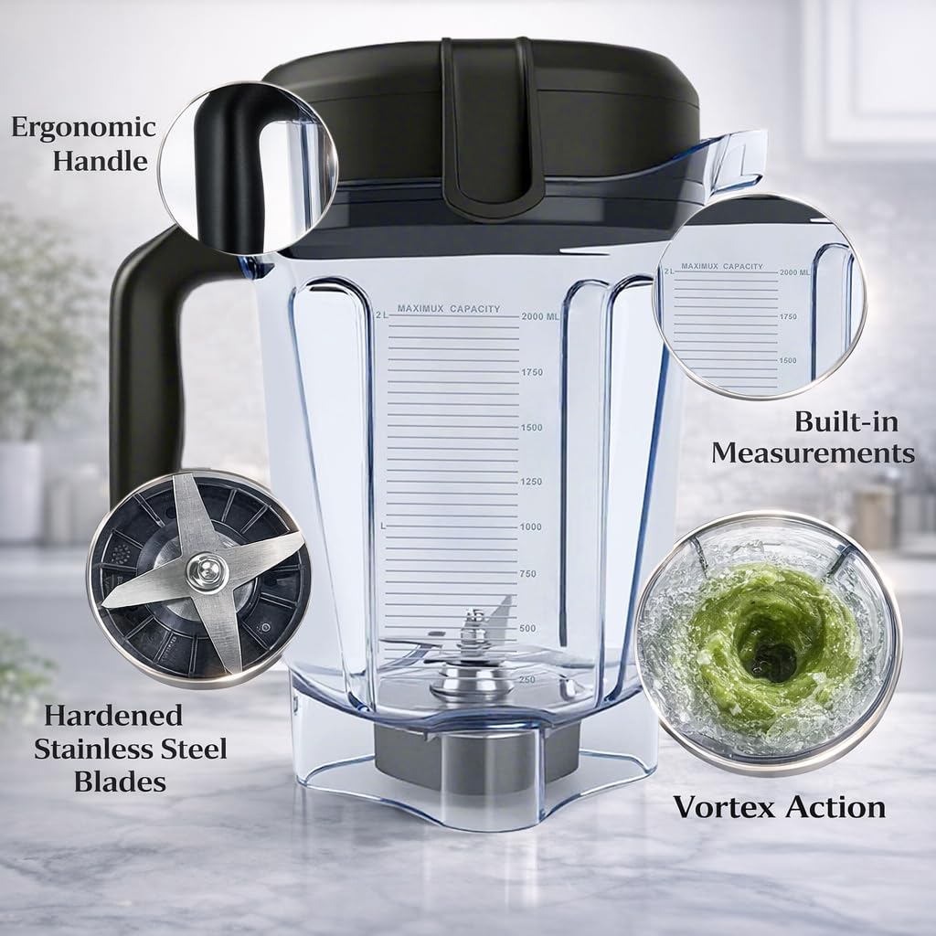for Vitamix Blender Pitcher 64oz Low-Profile, Replacement Pitcher for Vitamix 750 5300 5200 5000 7500 6300 Vm0102 Vm0103 Vm0197 E310 G/Classic C/Explorian/Commercial Series etc