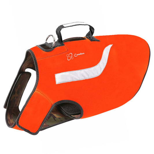 Coodeo Dog Hunting Vest Orange, Camo and Reversible Reflective Dog Tactical Harness Hound Jacket for Protection and Security, 4.5mm Neoprene Waterproof Safety Dog Vest Both Sides to Wear (Large)