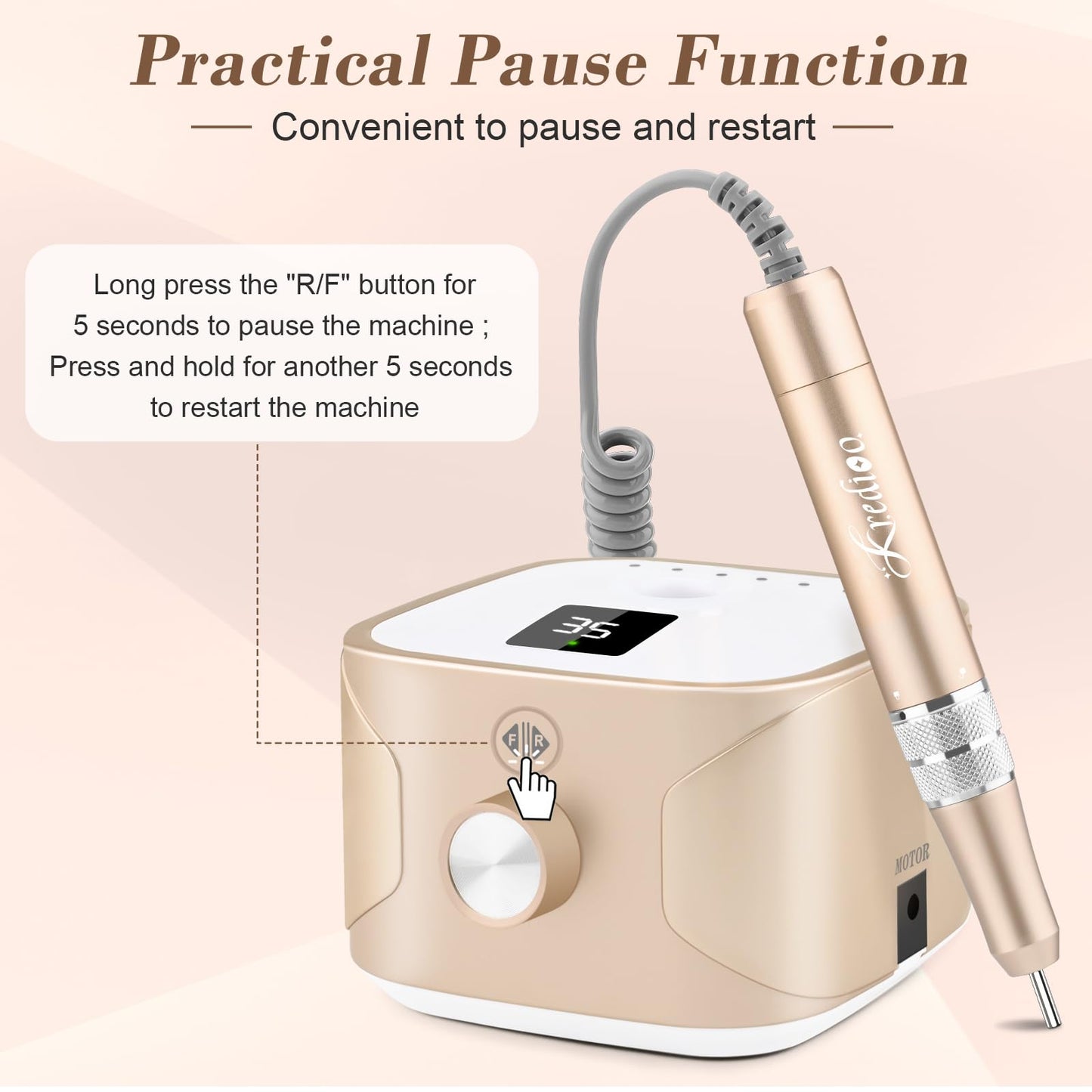 Kredioo Nail Drill Machine for Gel Acrylic Nails, 35000RPM Electric Nail File Professional Ongle E-drills with 11 Bits Manicure Pedicure Care Nails Kit for Gel Polish Remover Home Salon Tools-Gold